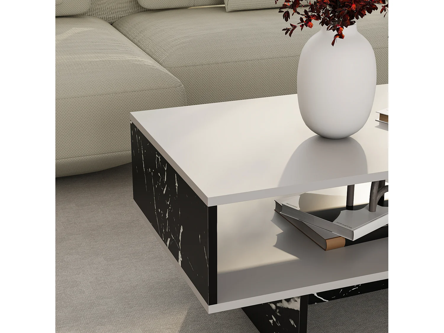 Table basse Mjölby avec espace de rangement 37 x 80 x 45 cm blanc / marbre noir [en.casa]