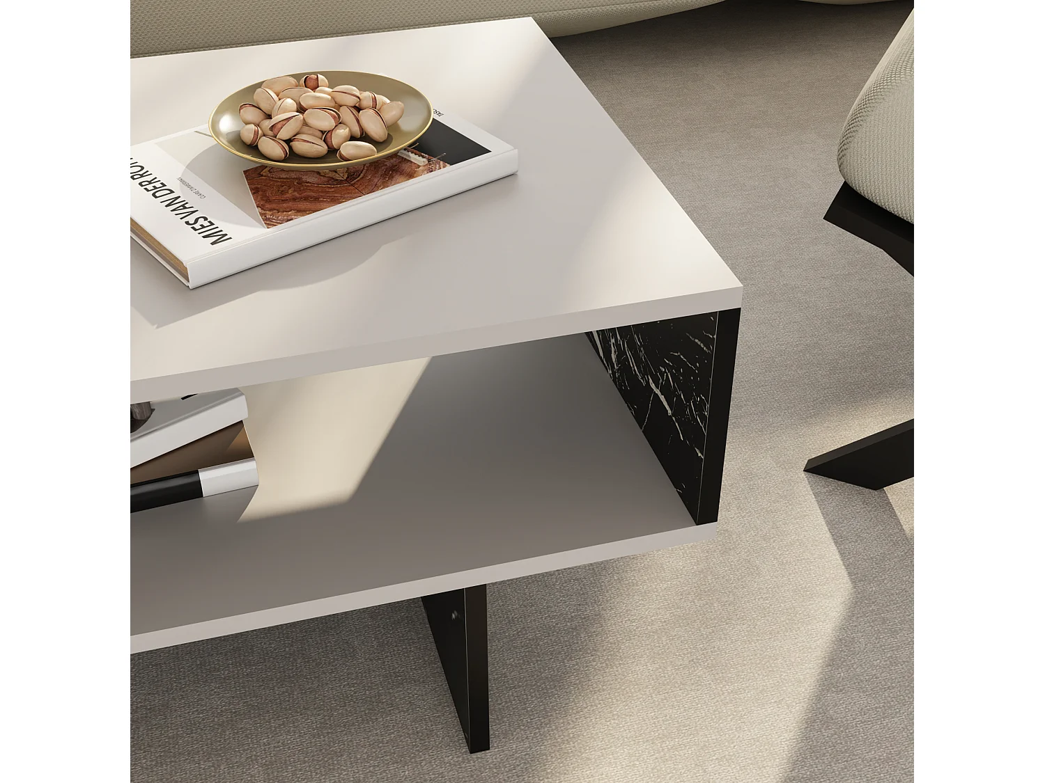 Table basse Mjölby avec espace de rangement 37 x 80 x 45 cm blanc / marbre noir [en.casa]