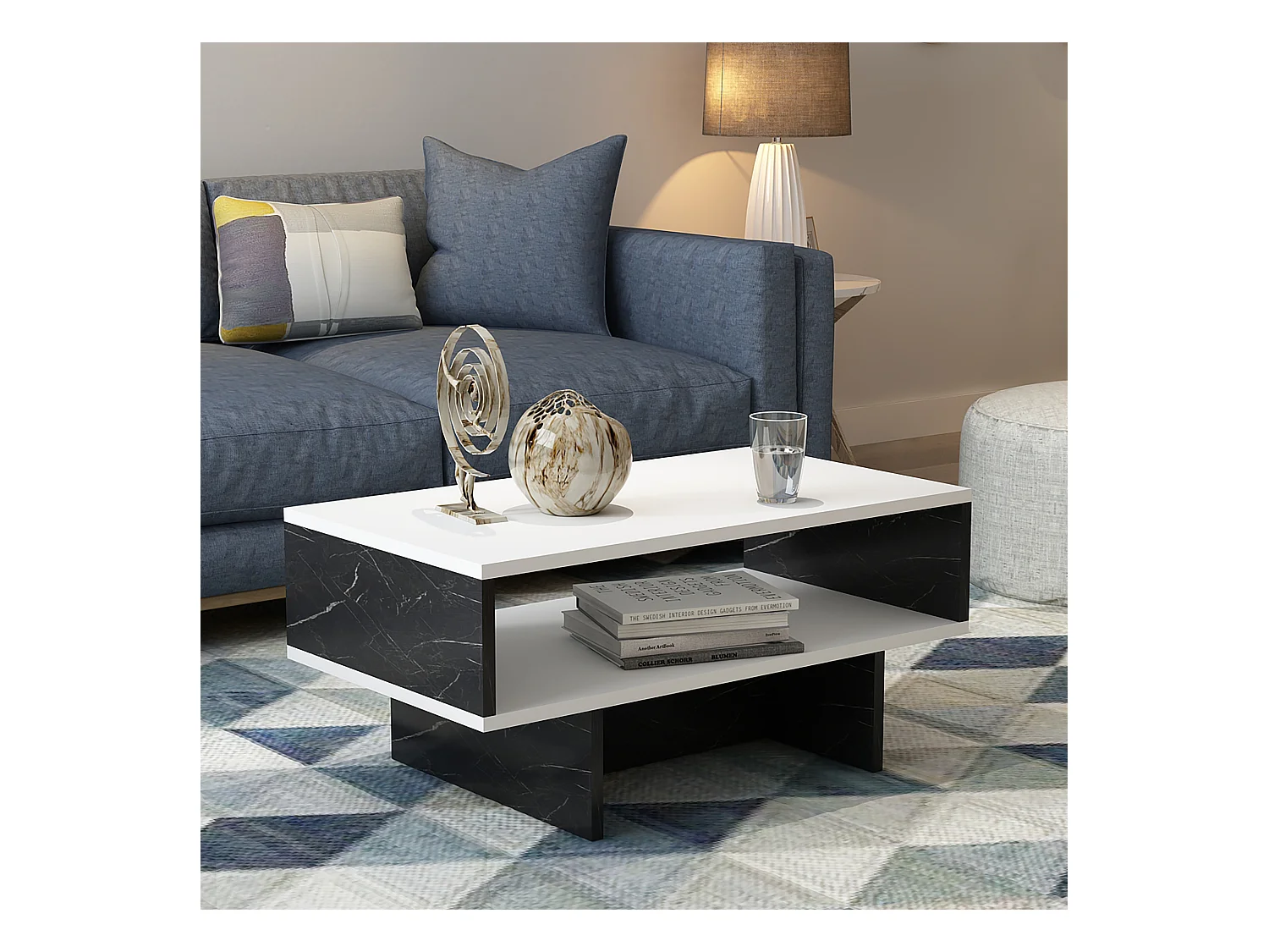 Table basse Mjölby avec espace de rangement 37 x 80 x 45 cm blanc / marbre noir [en.casa]