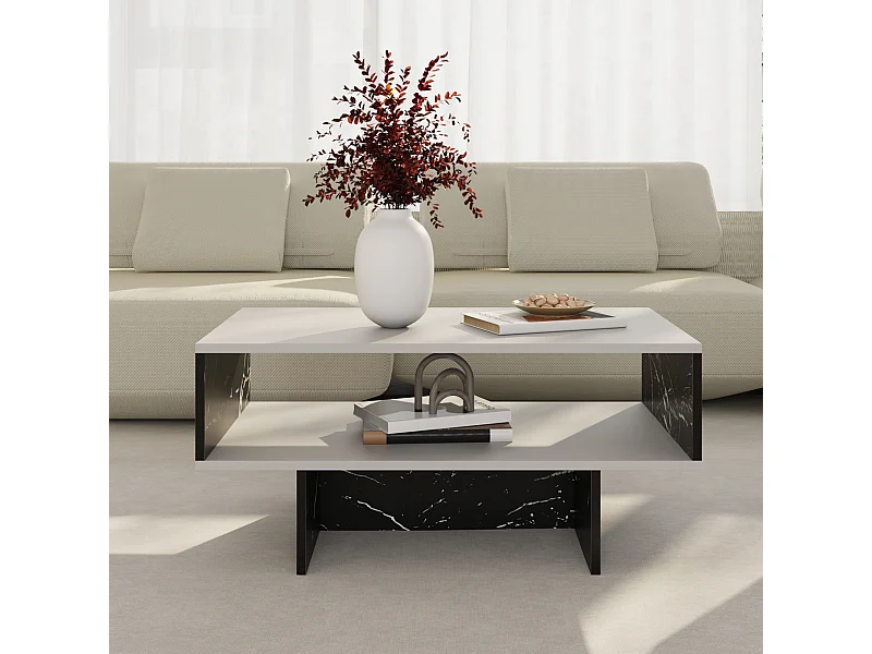 Table basse Mjölby avec espace de rangement 37 x 80 x 45 cm blanc / marbre noir [en.casa]