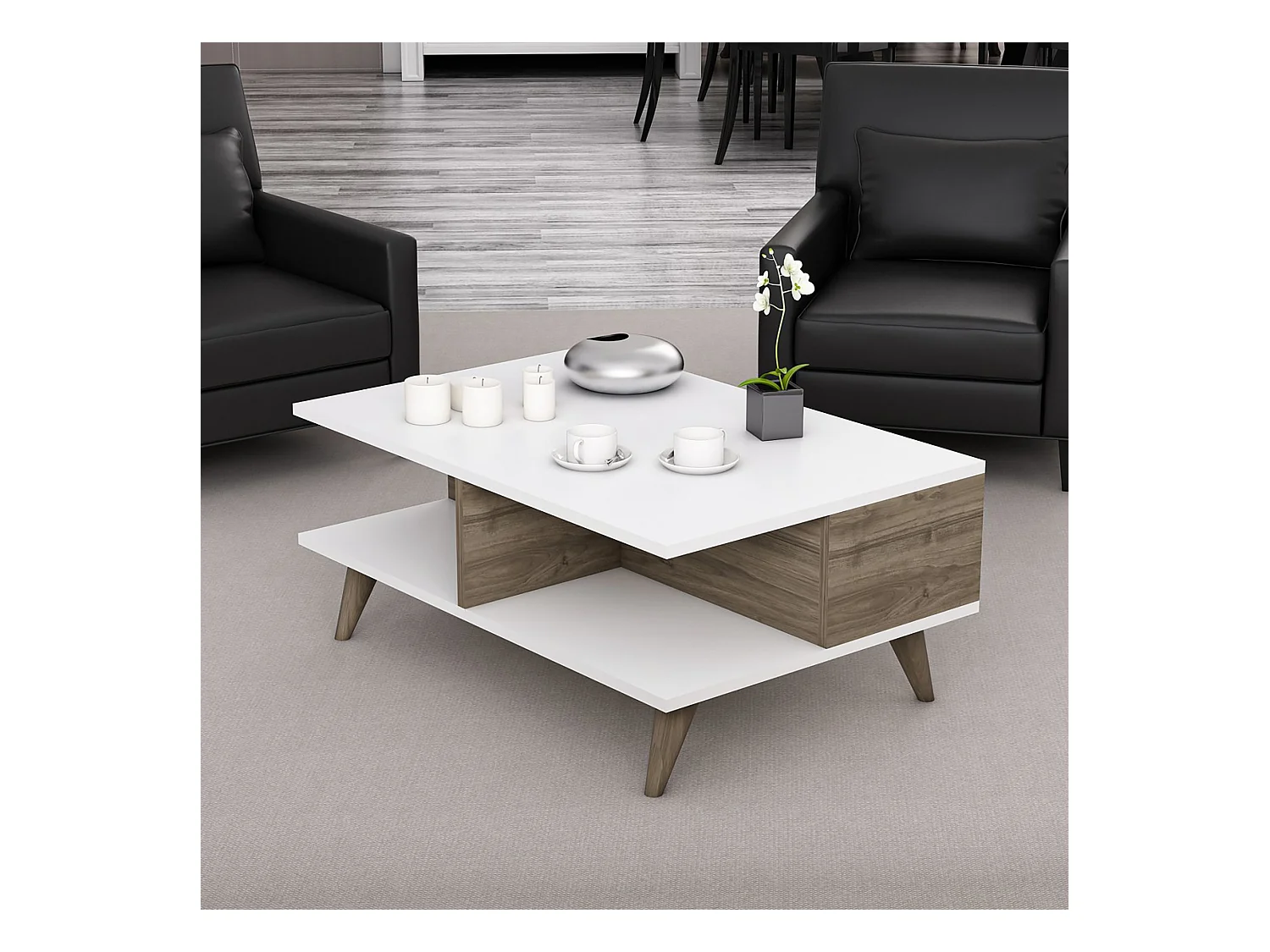 Table basse rectangulaire Grenaa avec espace de rangement blanc / effet noyer [en.casa]
