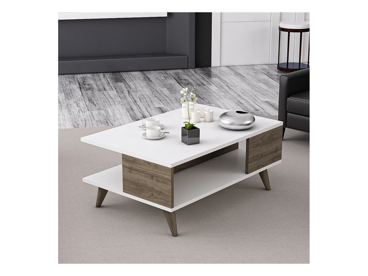Table basse rectangulaire Grenaa avec espace de rangement blanc / effet noyer [en.casa]