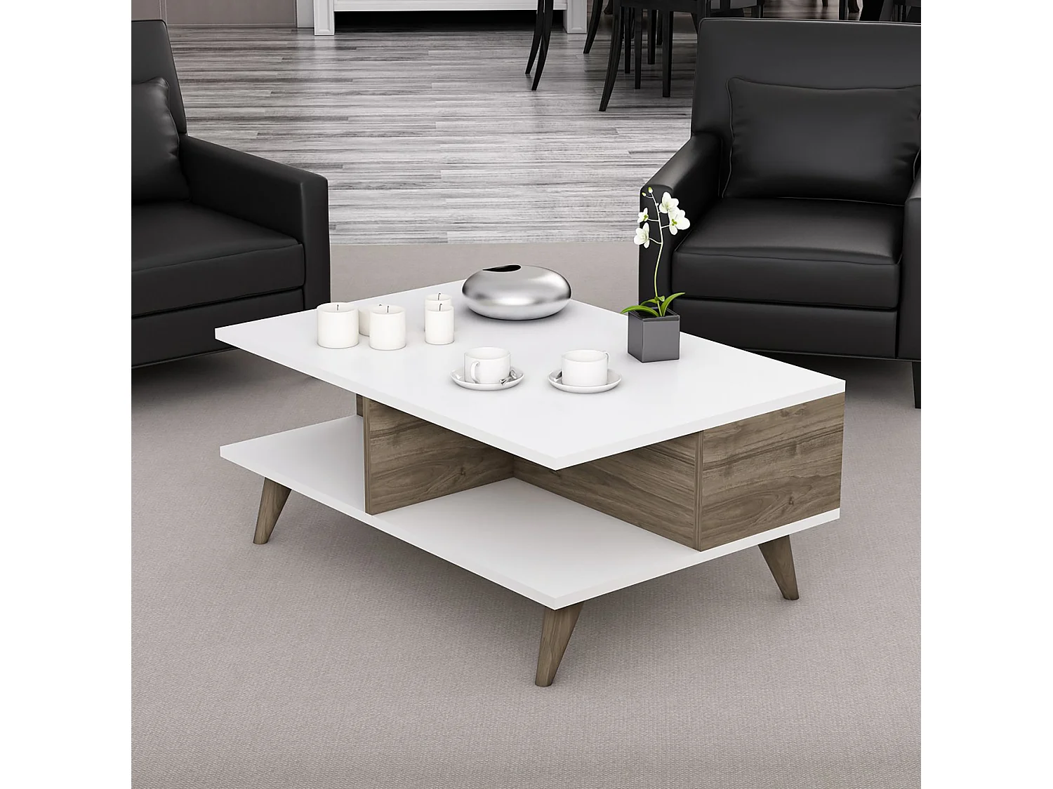 Table basse rectangulaire Grenaa avec espace de rangement blanc / effet noyer [en.casa]