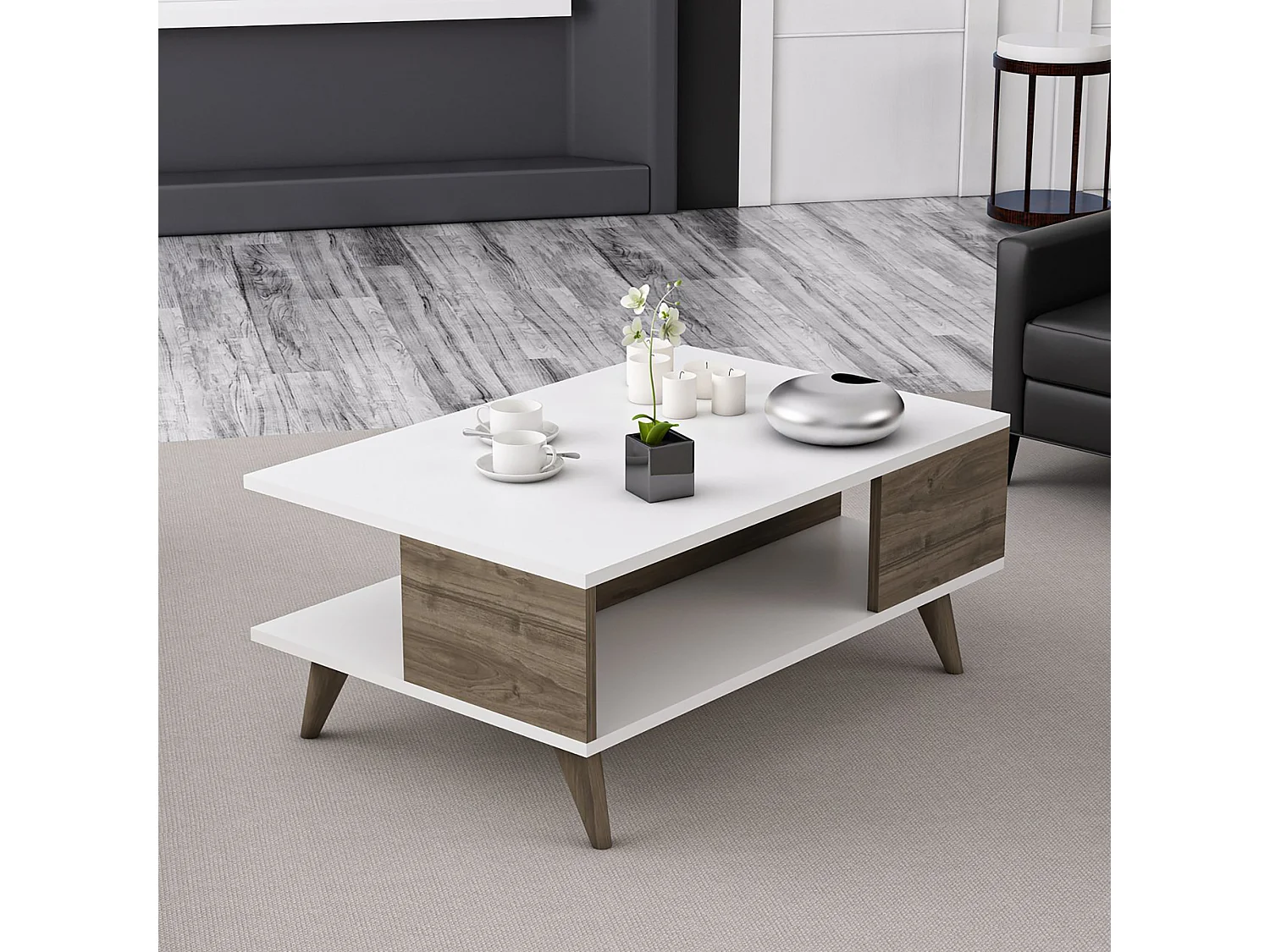 Table basse rectangulaire Grenaa avec espace de rangement blanc / effet noyer [en.casa]
