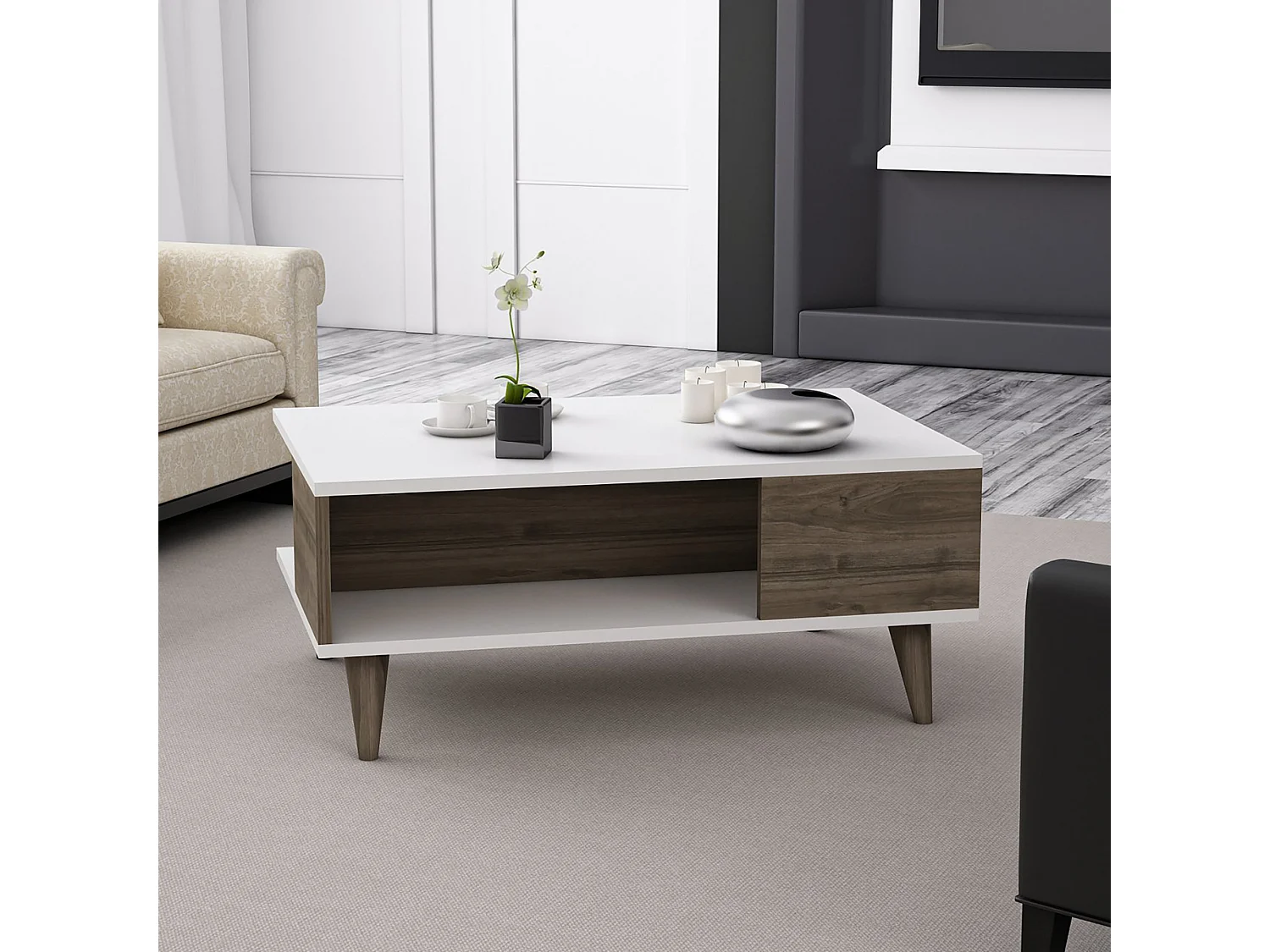 Table basse rectangulaire Grenaa avec espace de rangement blanc / effet noyer [en.casa]