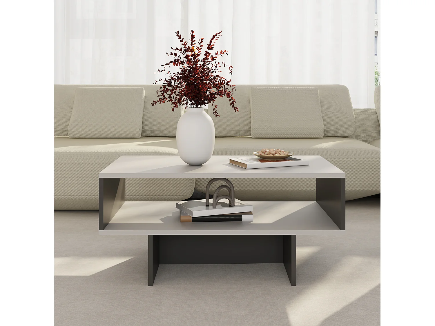 Table basse Mjölby avec espace de rangement 37 x 80 x 45 cm blanc / anthracite [en.casa]