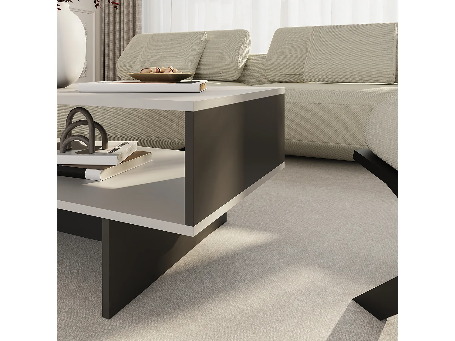 Table basse Mjölby avec espace de rangement 37 x 80 x 45 cm blanc / anthracite [en.casa]