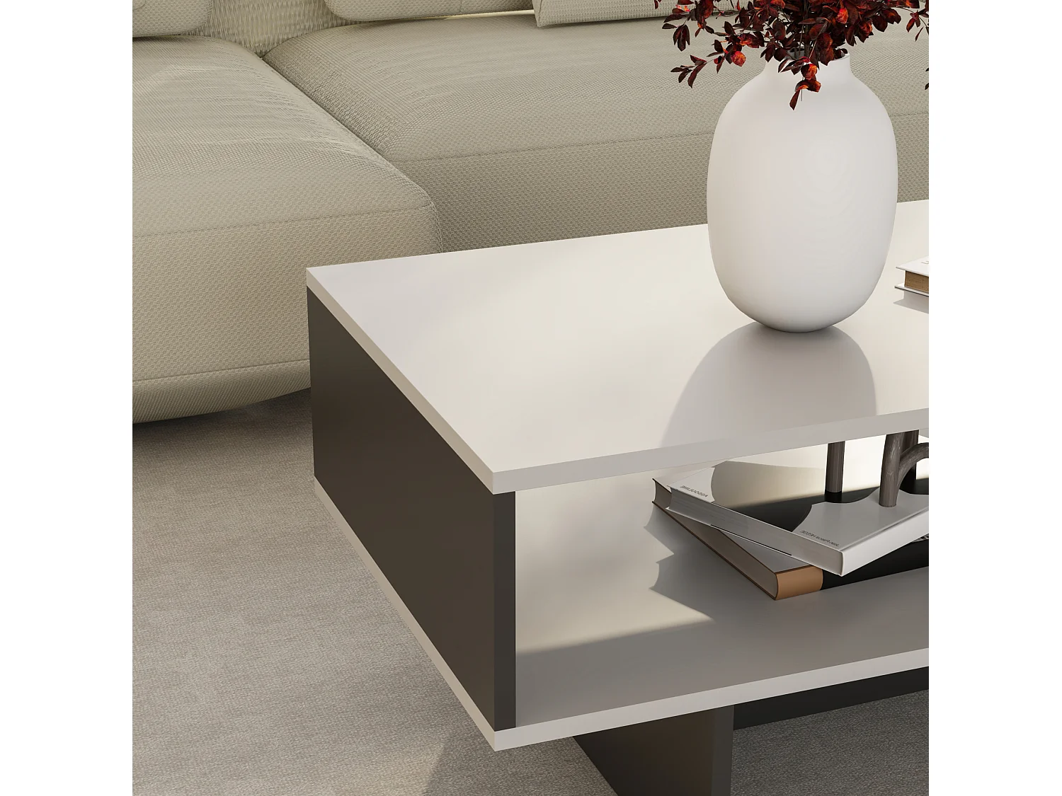 Table basse Mjölby avec espace de rangement 37 x 80 x 45 cm blanc / anthracite [en.casa]