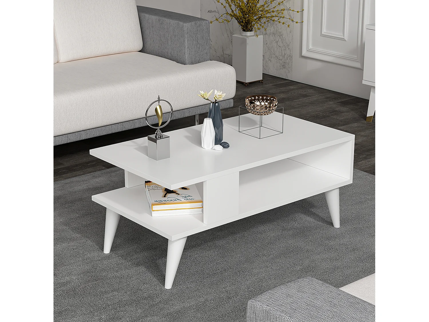 Table basse Lycksele avec espace de rangement 40 x 90 x 45 cm blanc [en.casa]