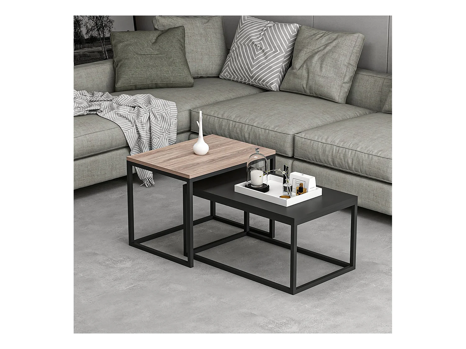 Set de 2 tables basses Aabenraa gigognes rectangulaires effet chêne / noir mat [en.casa]