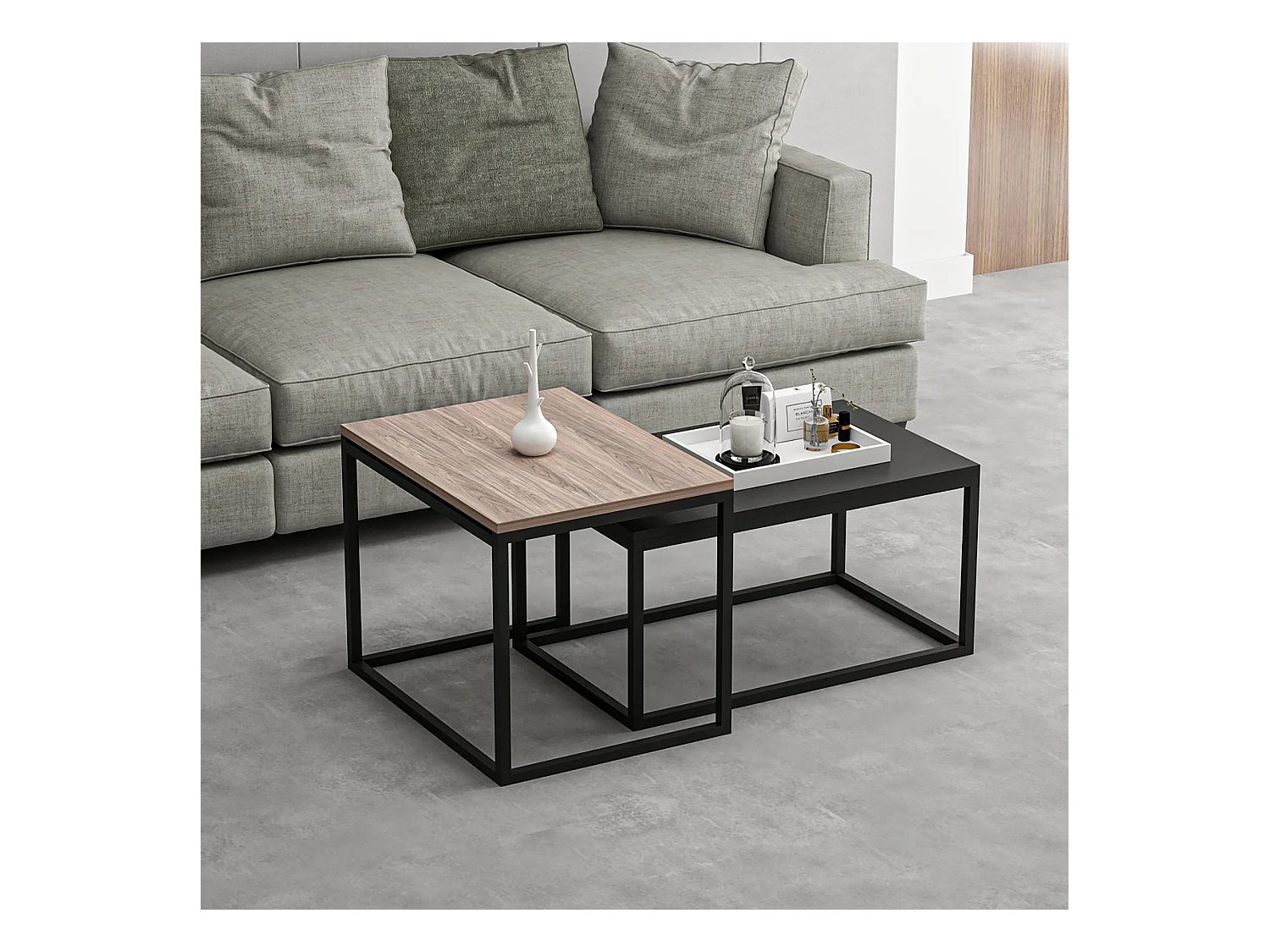 Set de 2 tables basses Aabenraa gigognes rectangulaires effet chêne / noir mat [en.casa]