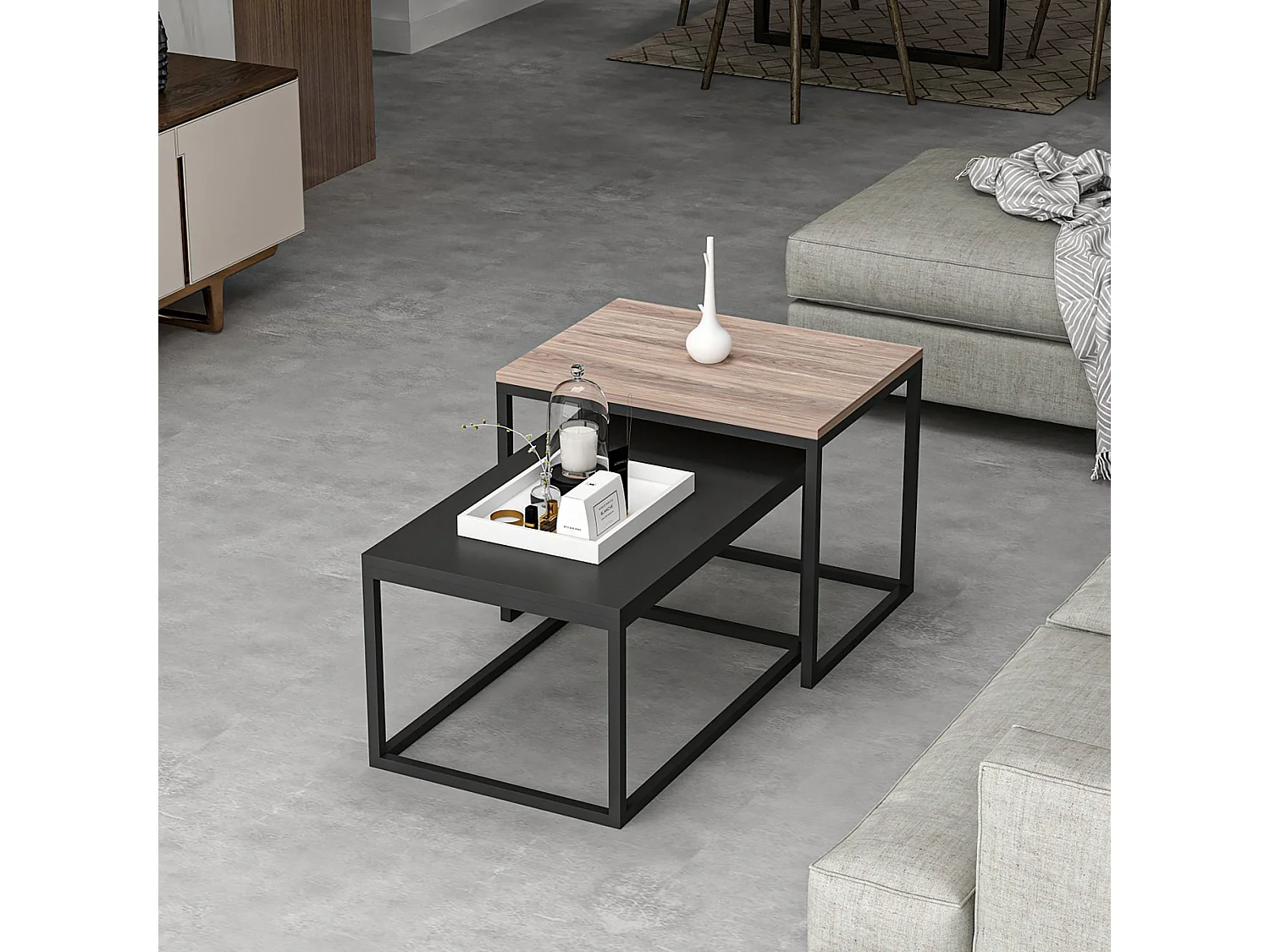 Set de 2 tables basses Aabenraa gigognes rectangulaires effet chêne / noir mat [en.casa]