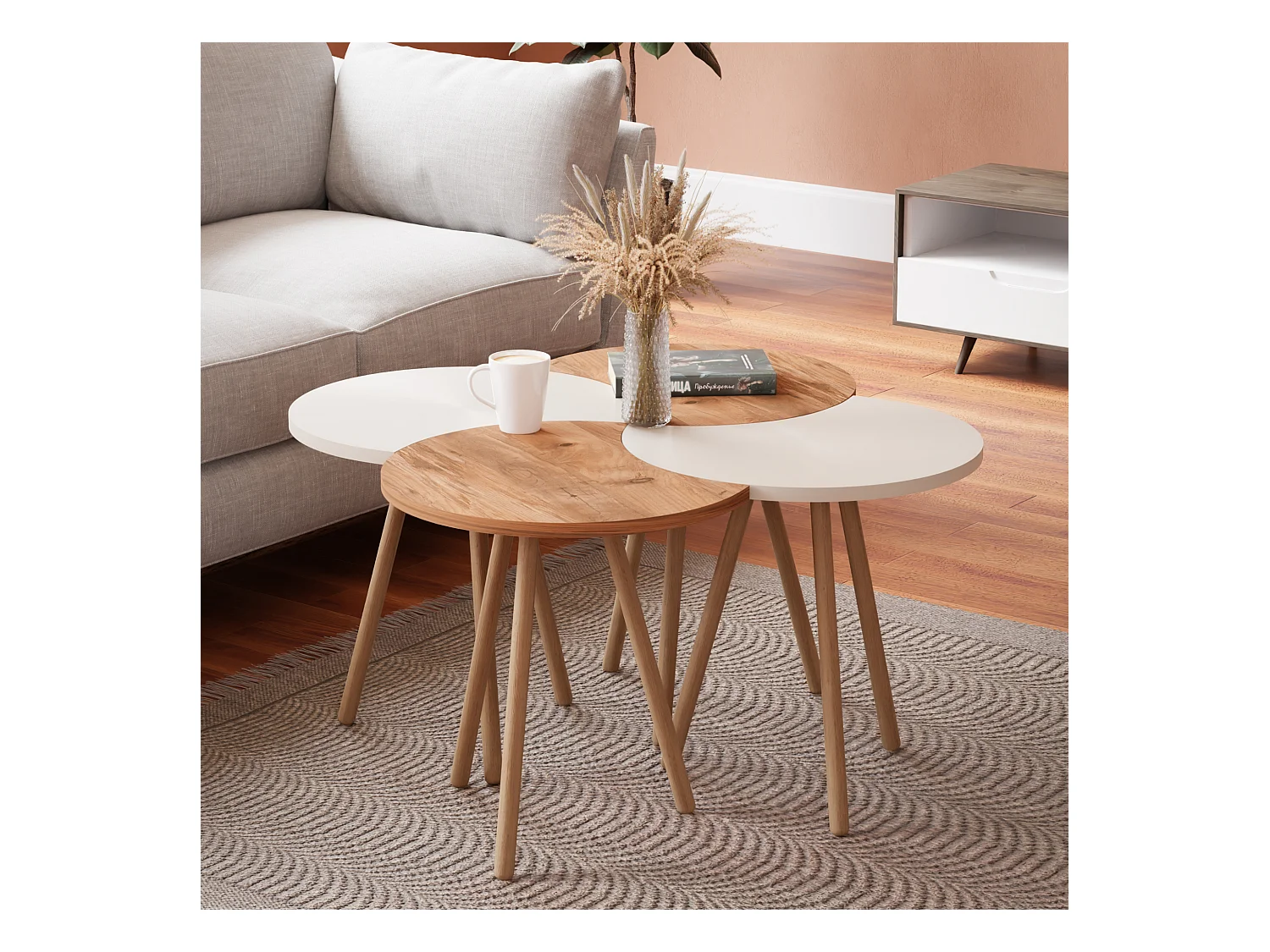 Set de 4 tables basses emboîtables 48 x 77 x 77 cm blanc / effet bois [en.casa]