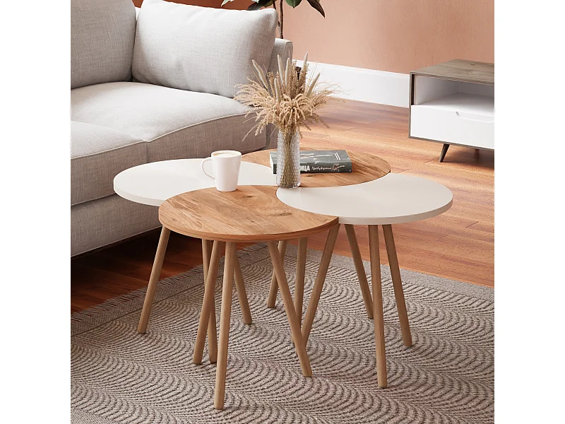 Set de 4 tables basses emboîtables 48 x 77 x 77 cm blanc / effet bois [en.casa]