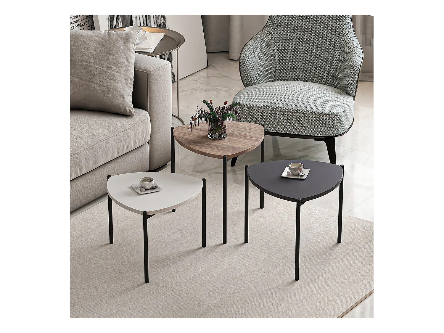 Set de 3 tables d'appoint Glamsbjerg gigognes triangulaires blanc / anthracite / effet chêne [en.casa]
