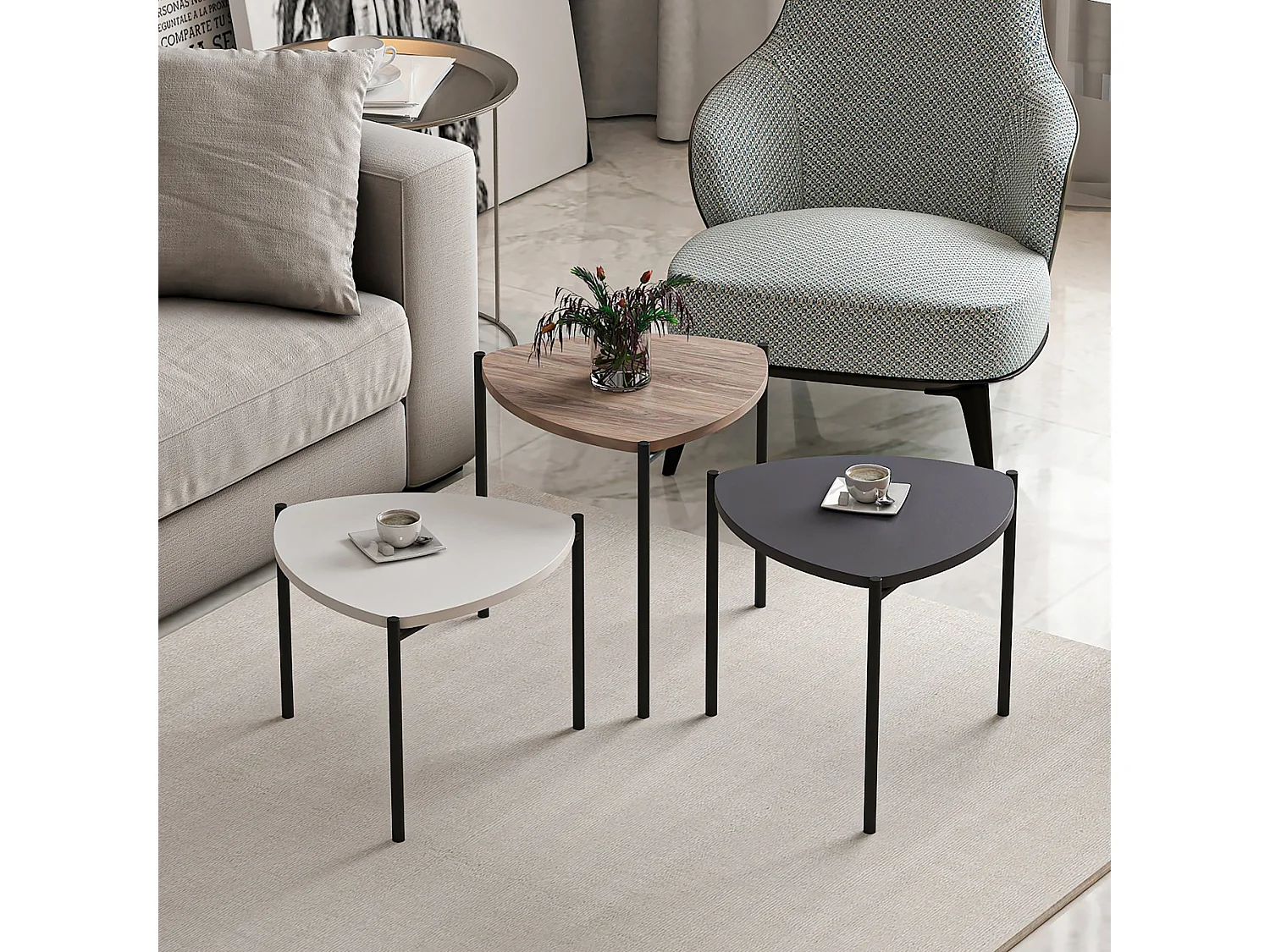 Set de 3 tables d'appoint Glamsbjerg gigognes triangulaires blanc / anthracite / effet chêne [en.casa]