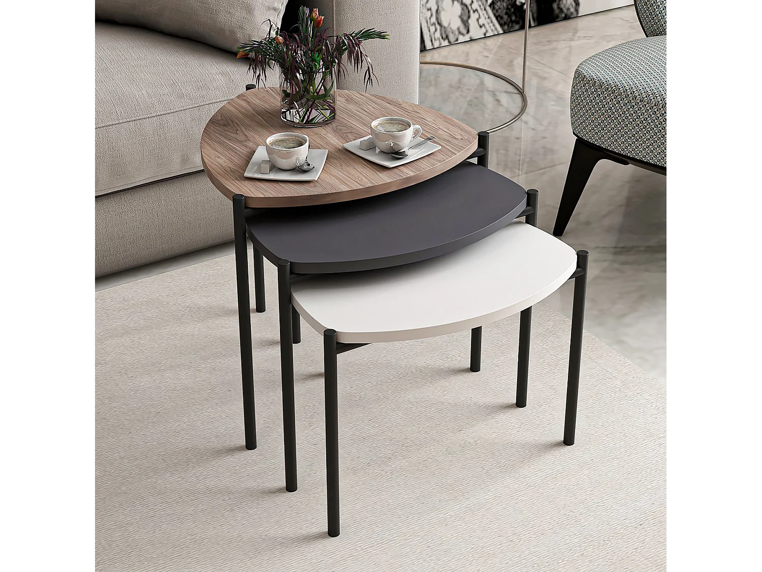 Set de 3 tables d'appoint Glamsbjerg gigognes triangulaires blanc / anthracite / effet chêne [en.casa]