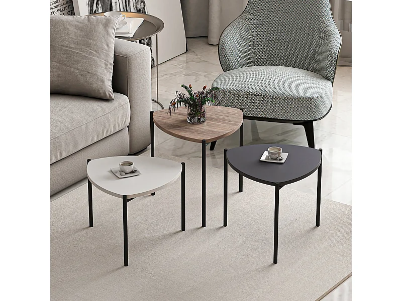 Set de 3 tables d'appoint Glamsbjerg gigognes triangulaires blanc / anthracite / effet chêne [en.casa]