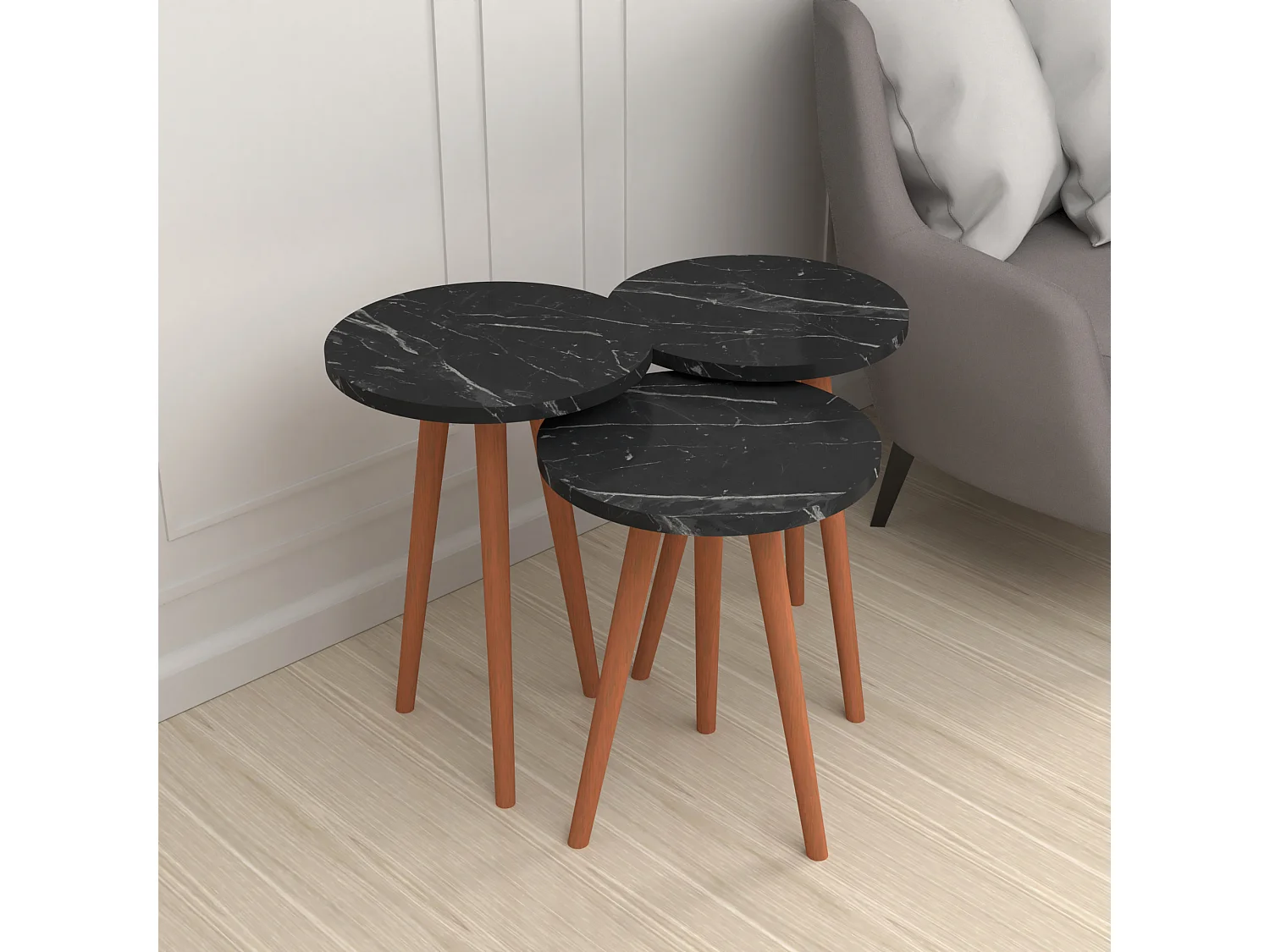 Lot de 3 tables d'appoint Herrljunga trépied marbre noir [en.casa]