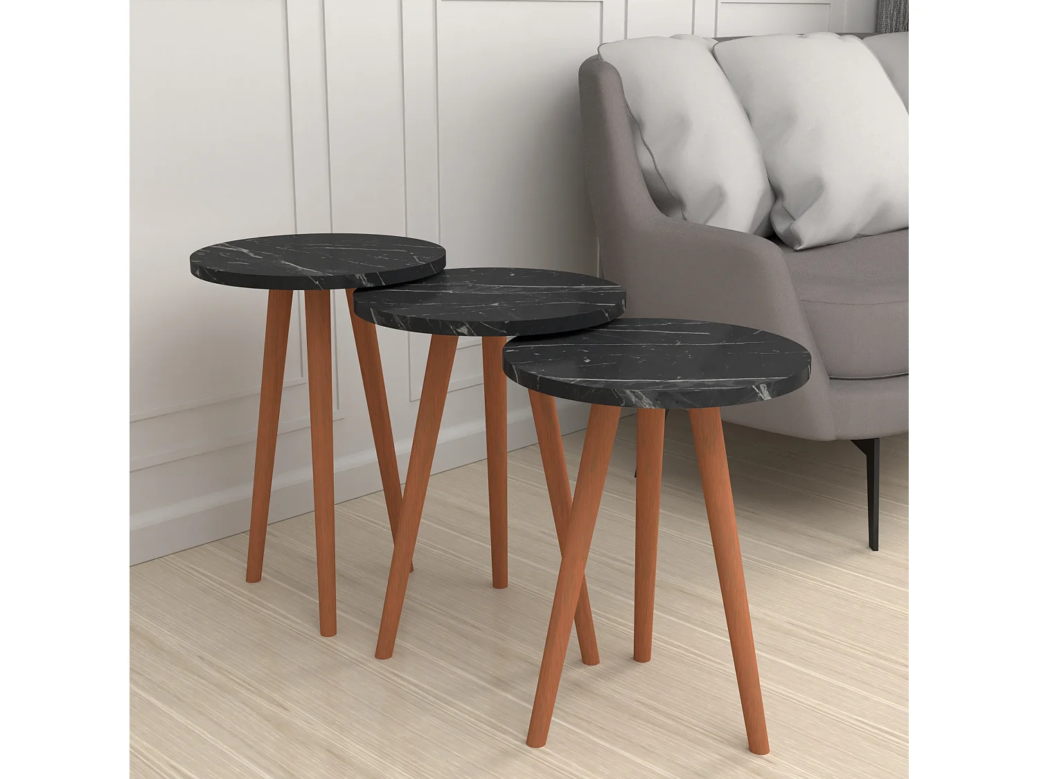 Lot de 3 tables d'appoint Herrljunga trépied marbre noir [en.casa]