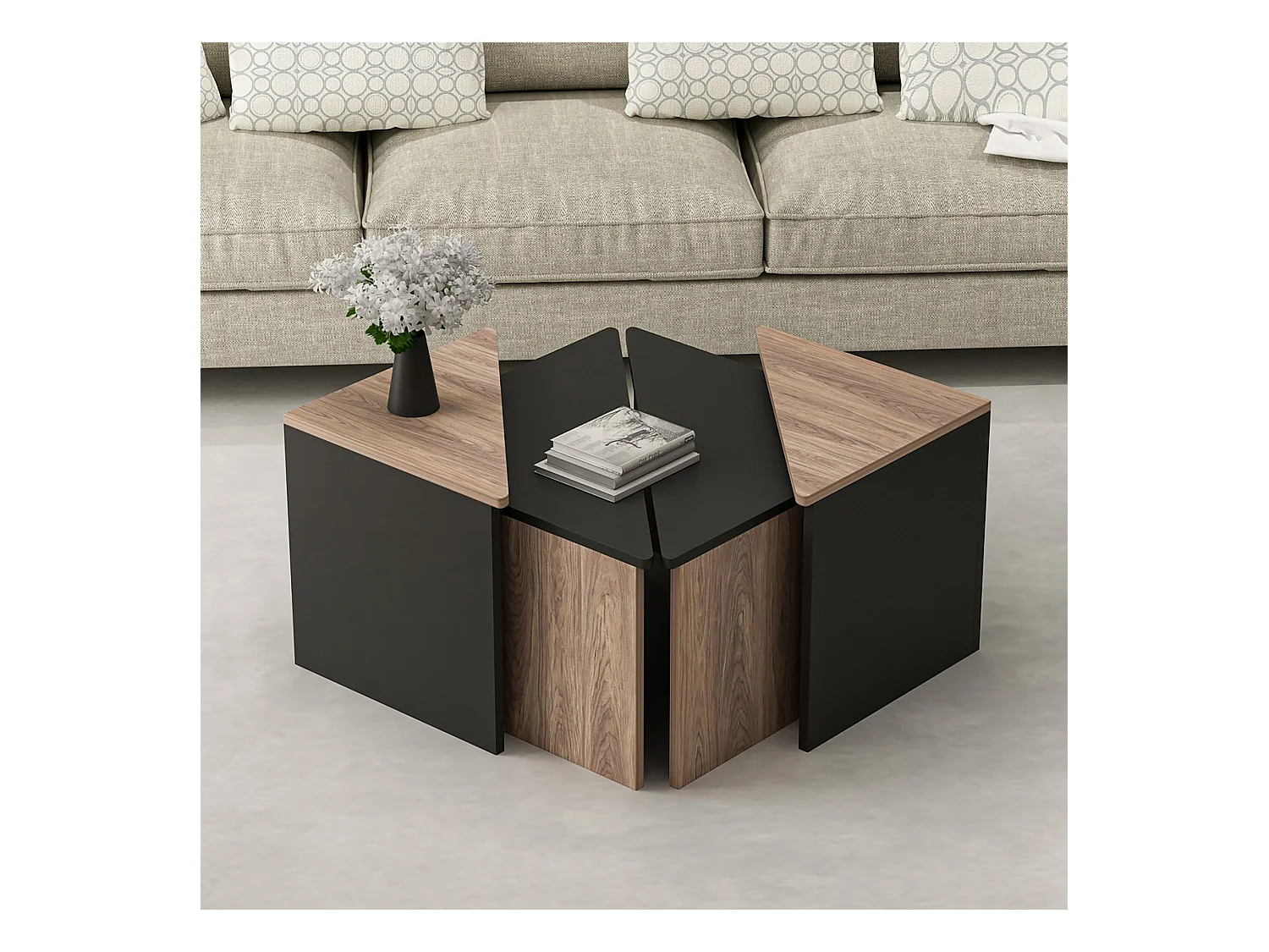 Set de 4 tables basses Frederikshavn carrées gigognes effet chêne / anthracite [en.casa]