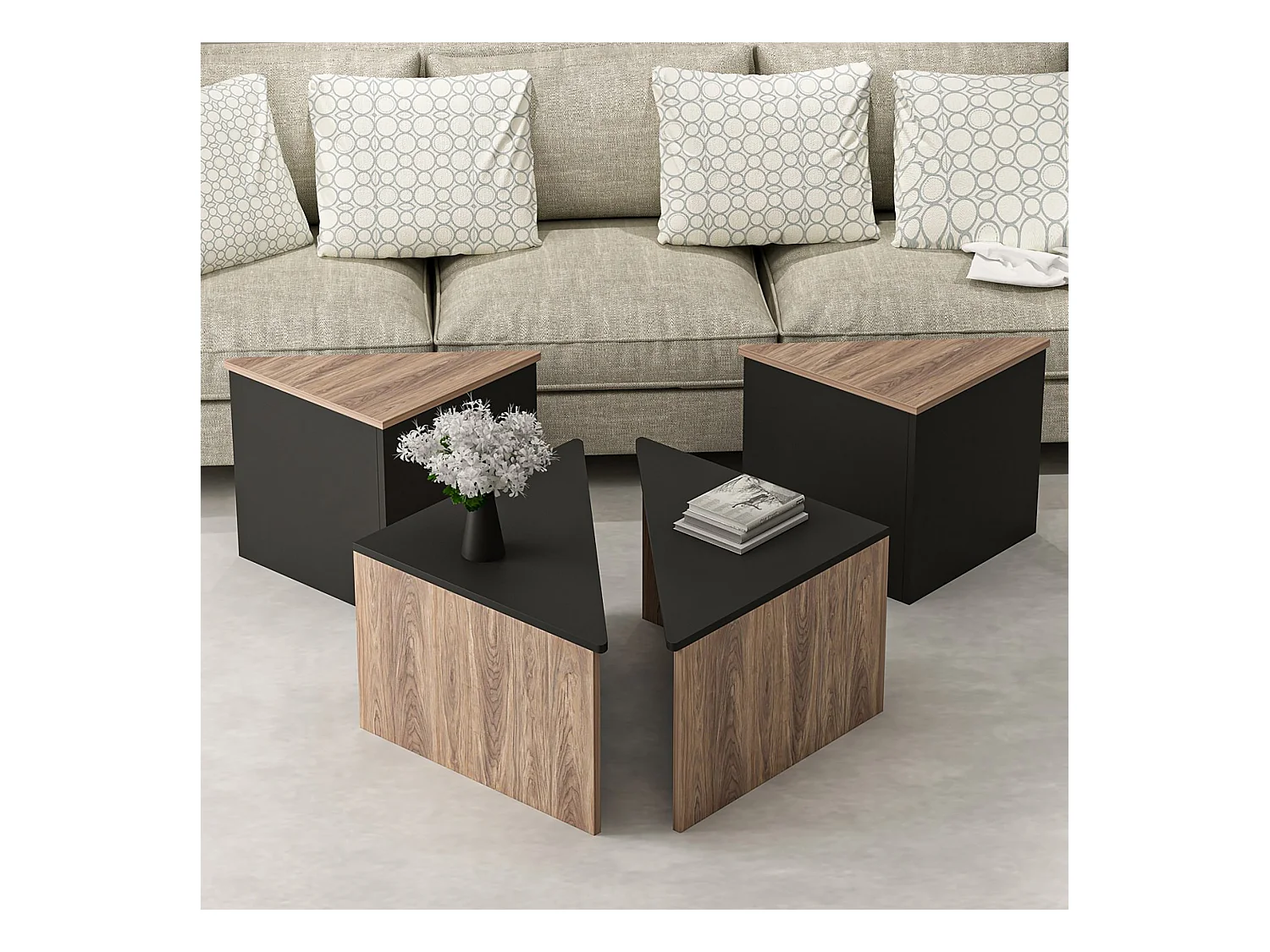 Set de 4 tables basses Frederikshavn carrées gigognes effet chêne / anthracite [en.casa]