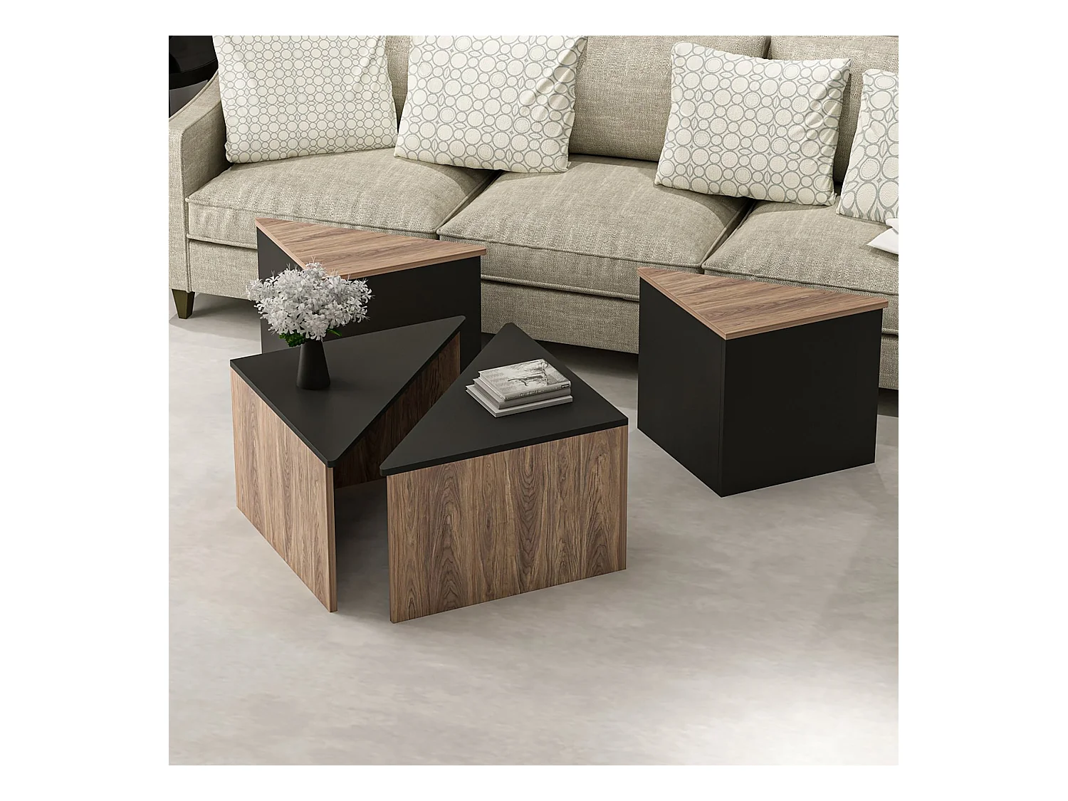 Set de 4 tables basses Frederikshavn carrées gigognes effet chêne / anthracite [en.casa]