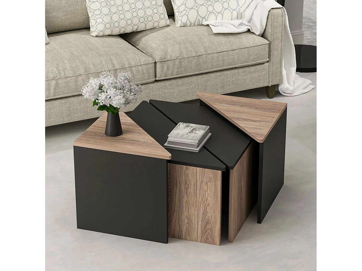 Set de 4 tables basses Frederikshavn carrées gigognes effet chêne / anthracite [en.casa]