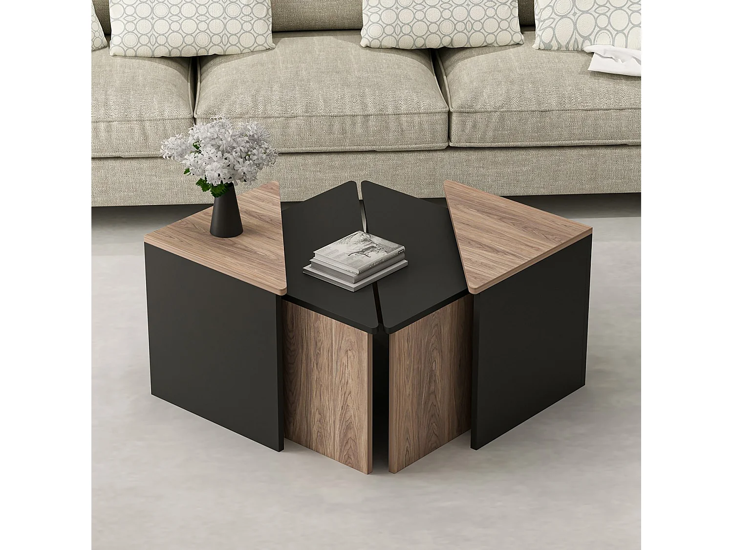 Set de 4 tables basses Frederikshavn carrées gigognes effet chêne / anthracite [en.casa]