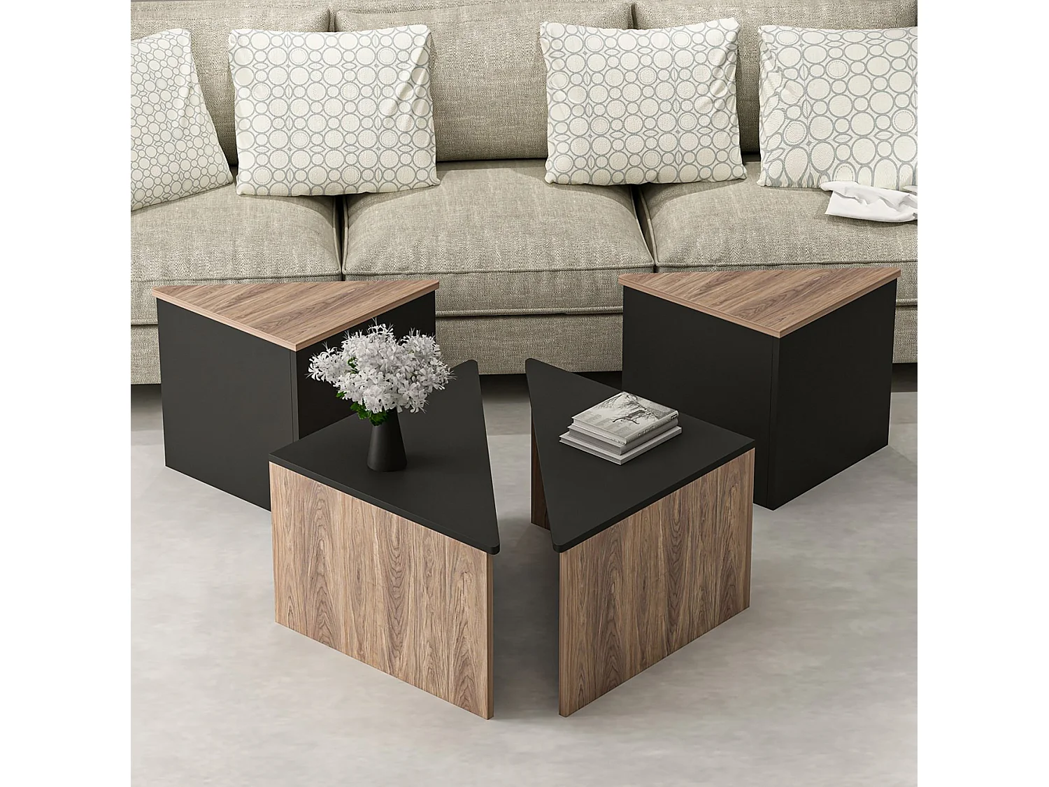 Set de 4 tables basses Frederikshavn carrées gigognes effet chêne / anthracite [en.casa]