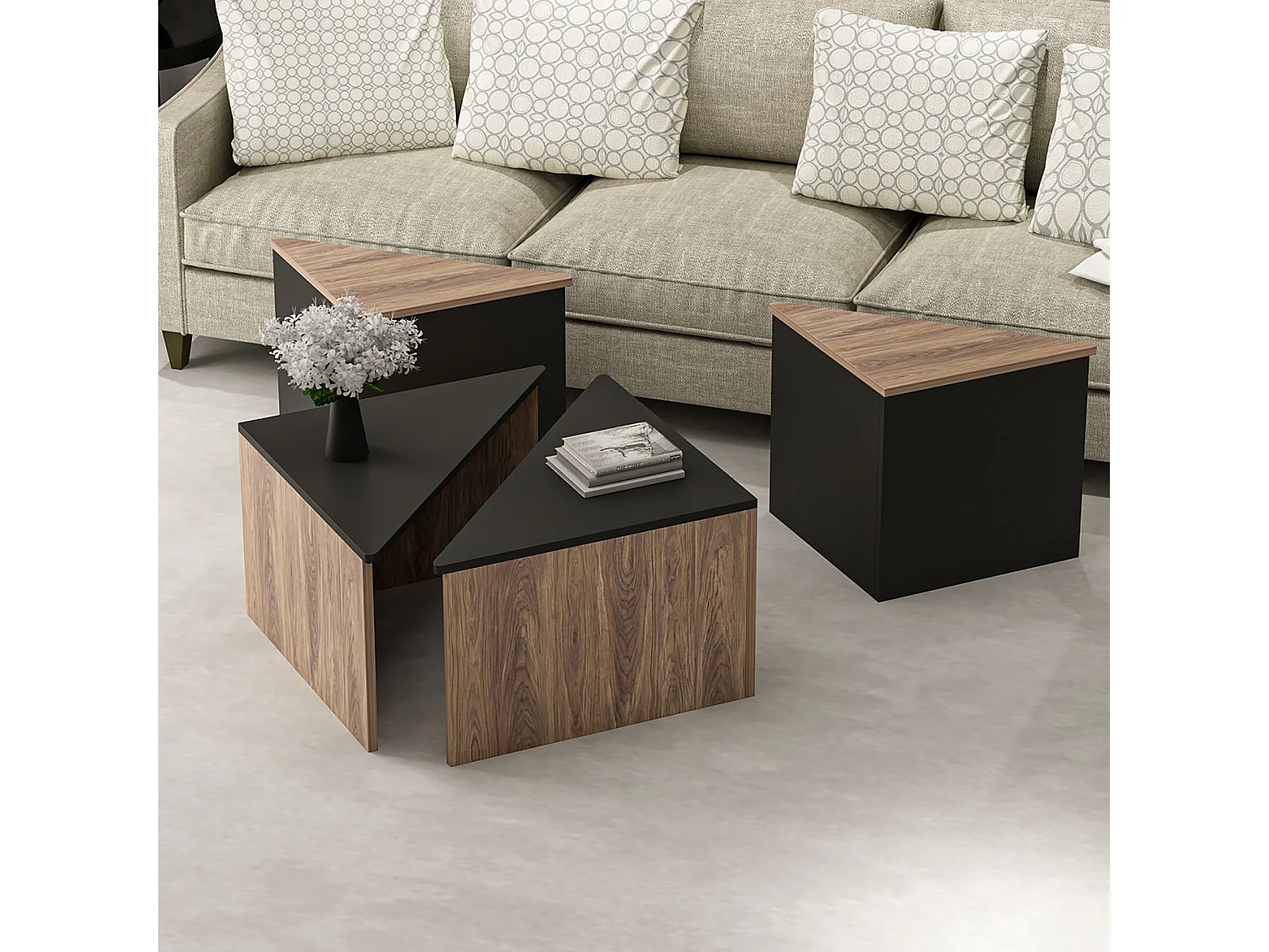 Set de 4 tables basses Frederikshavn carrées gigognes effet chêne / anthracite [en.casa]