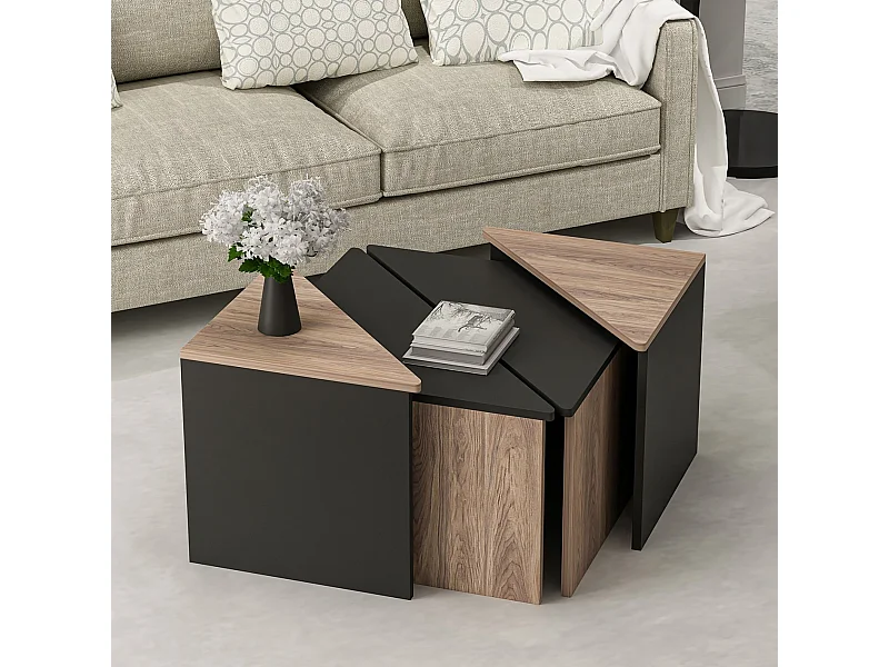 Set de 4 tables basses Frederikshavn carrées gigognes effet chêne / anthracite [en.casa]