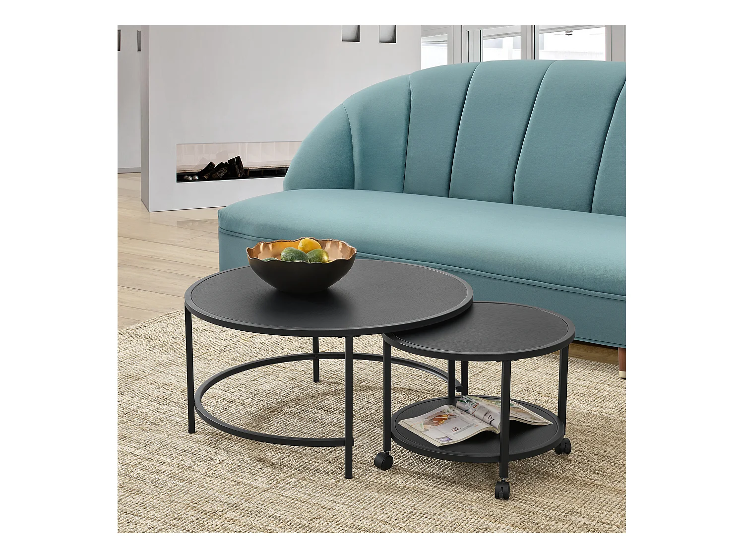 Lot de 2 tables basses Værøy rondes gigognes à roulettes et espace de rangement noir [en.casa]