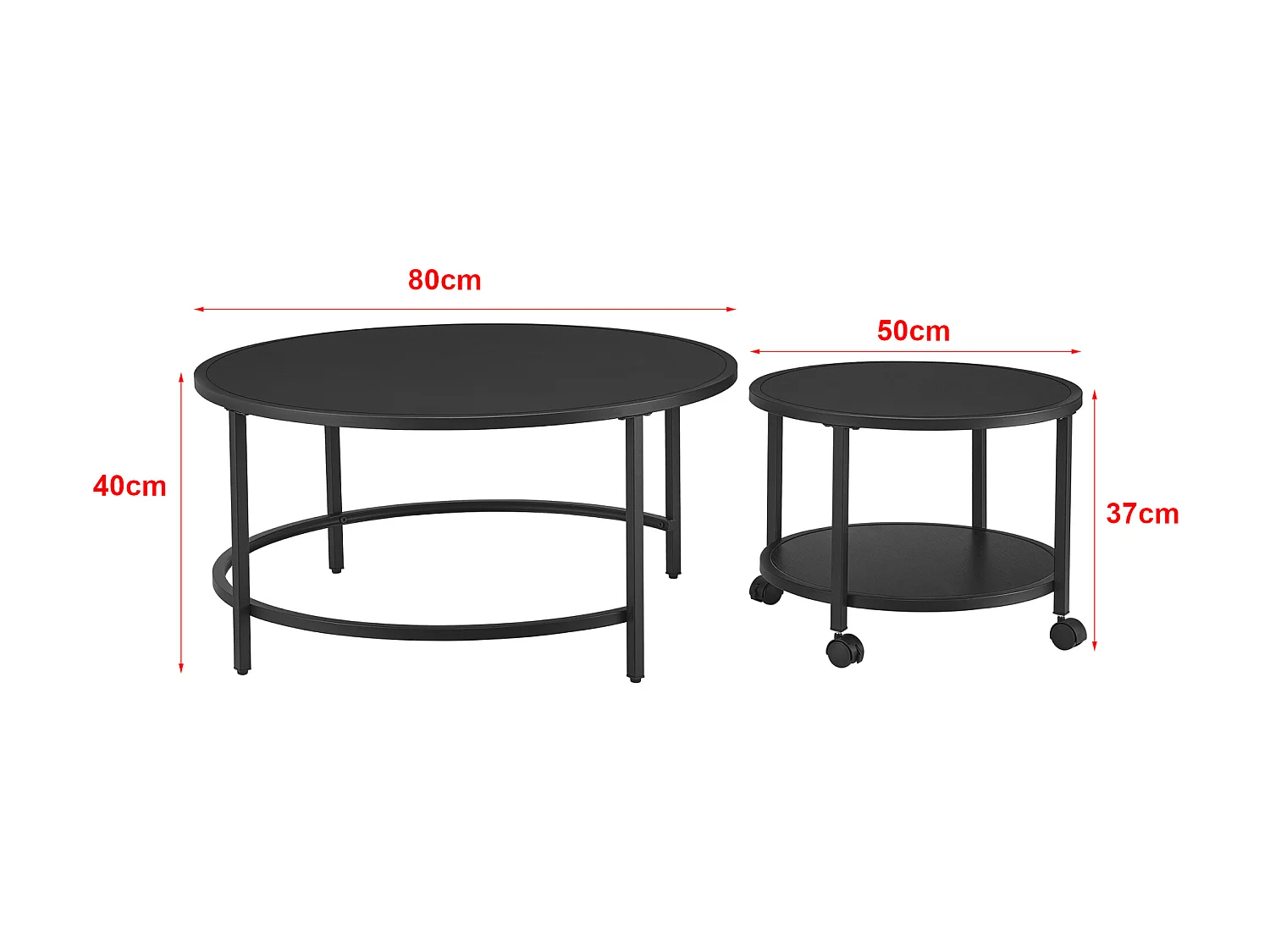 Lot de 2 tables basses Værøy rondes gigognes à roulettes et espace de rangement noir [en.casa]