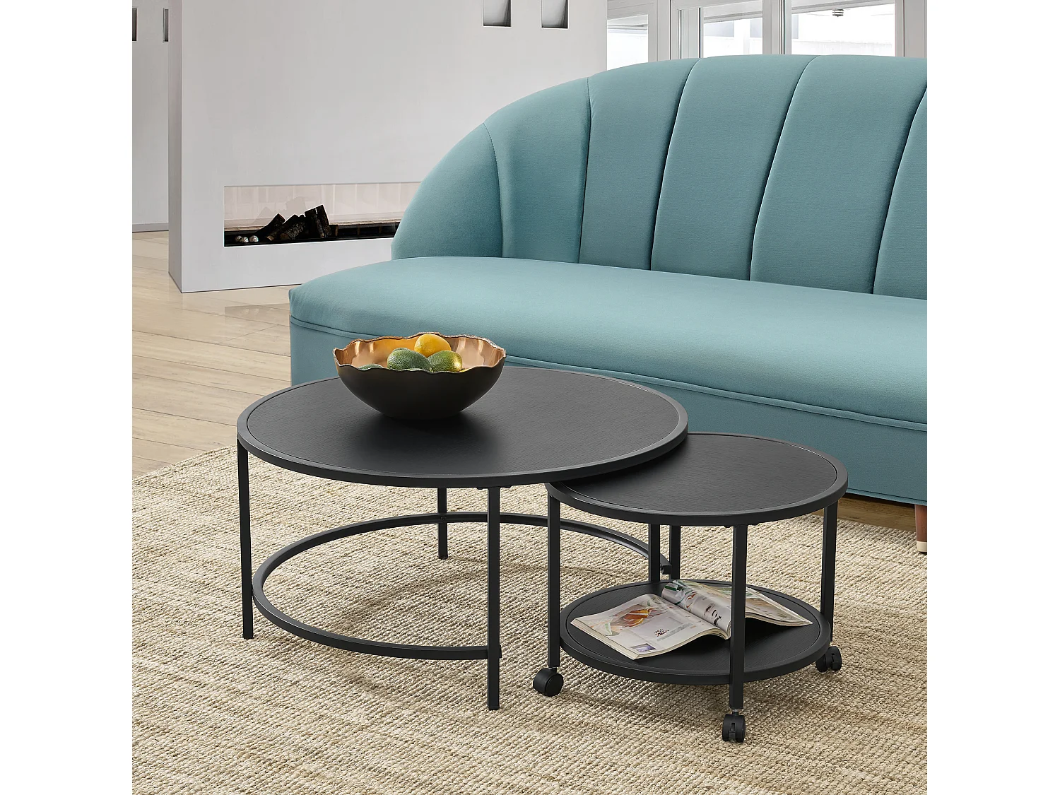 Lot de 2 tables basses Værøy rondes gigognes à roulettes et espace de rangement noir [en.casa]