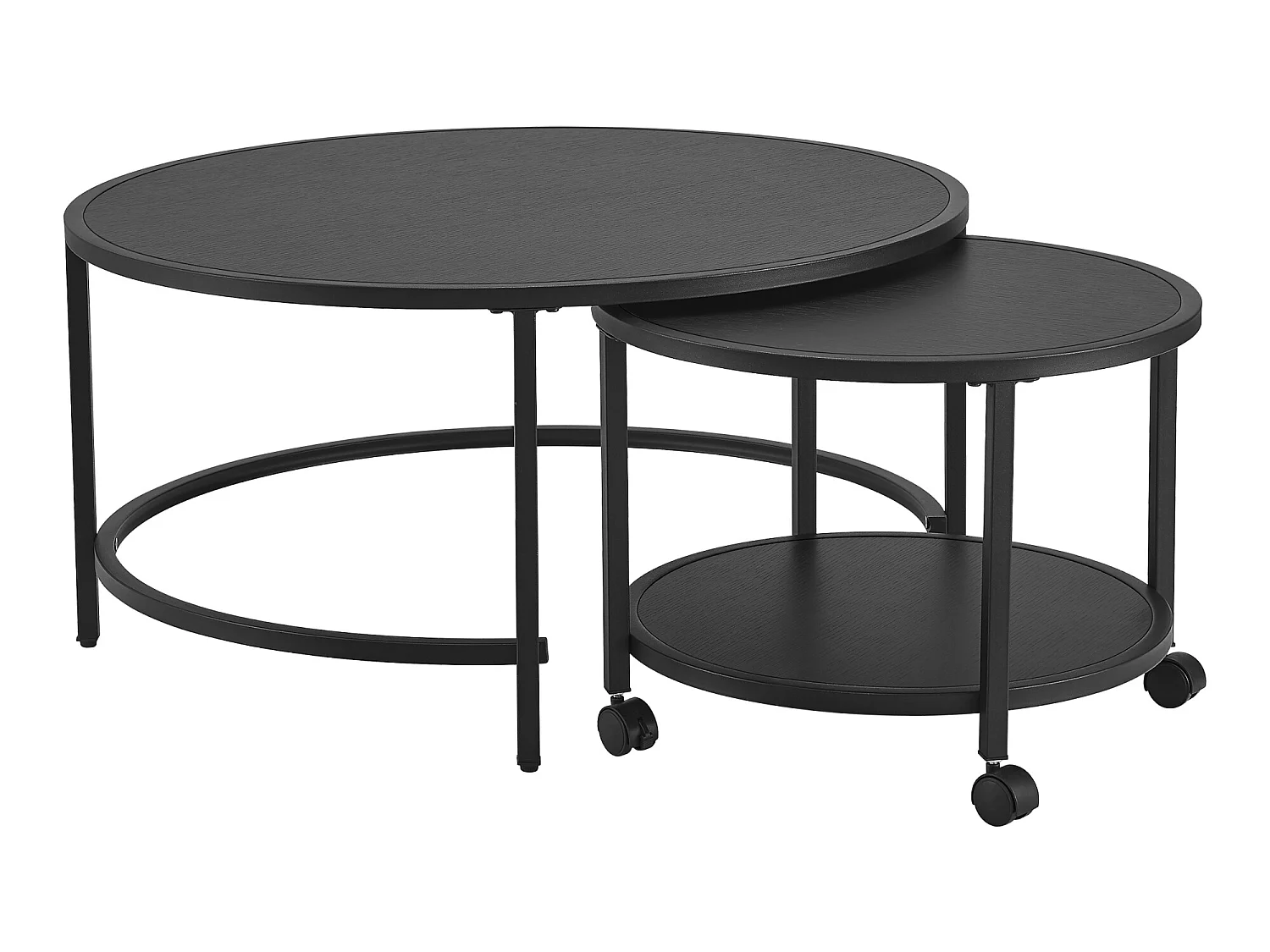 Lot de 2 tables basses Værøy rondes gigognes à roulettes et espace de rangement noir [en.casa]