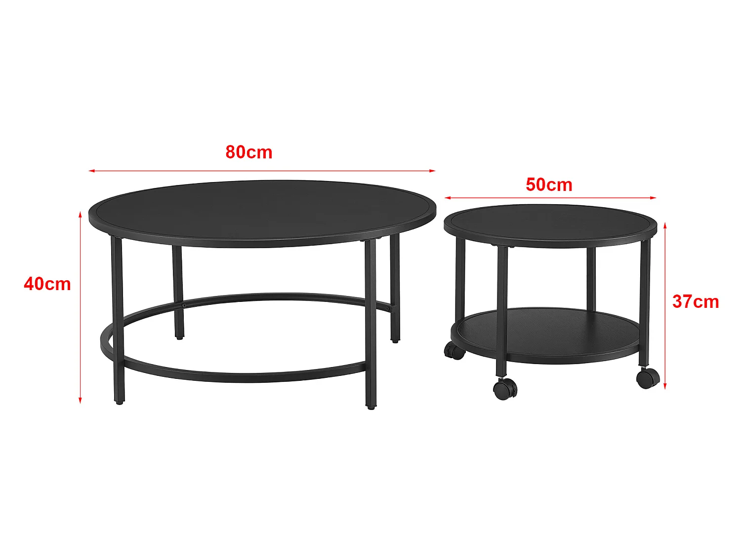 Lot de 2 tables basses Værøy rondes gigognes à roulettes et espace de rangement noir [en.casa]