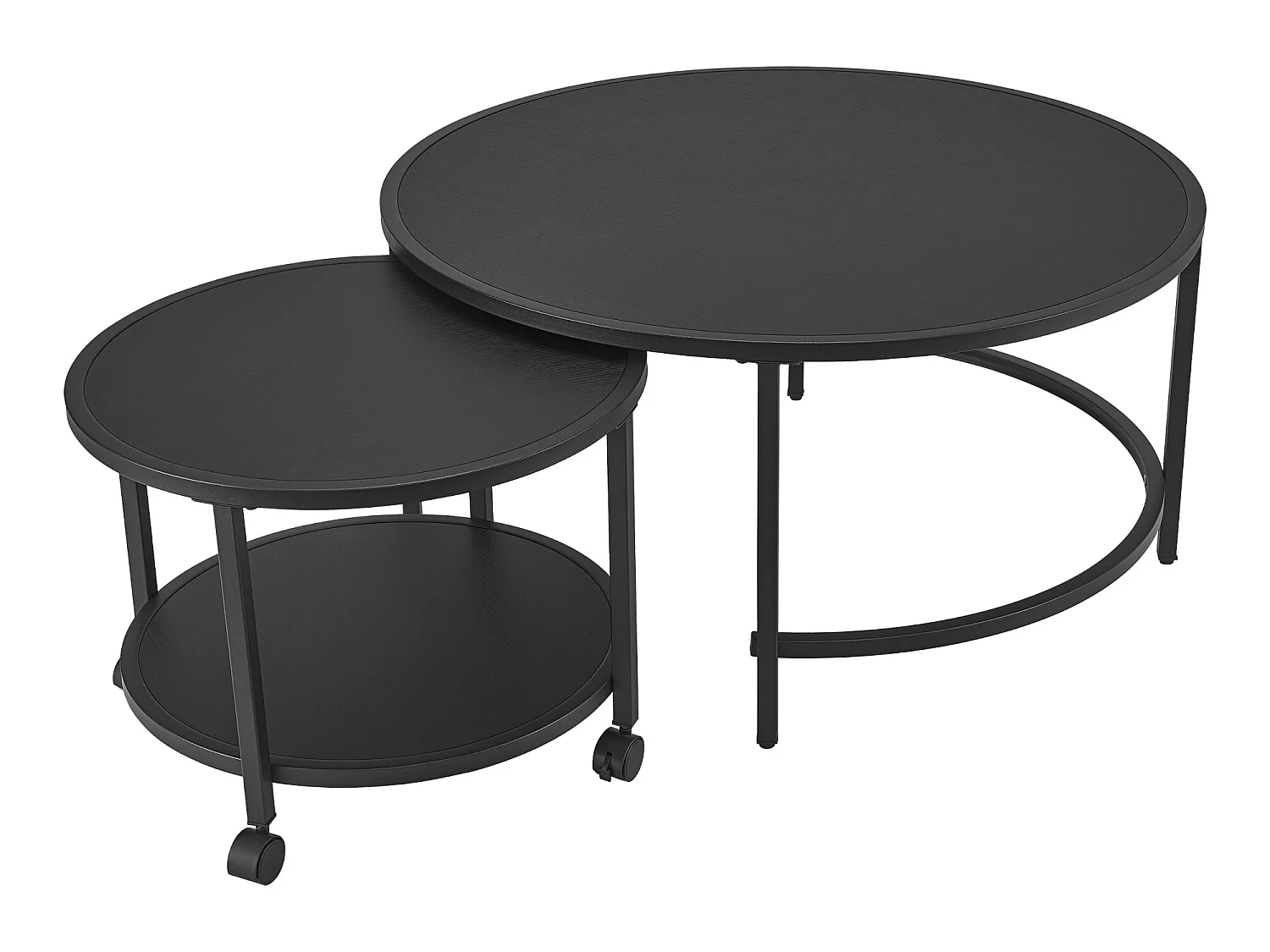 Lot de 2 tables basses Værøy rondes gigognes à roulettes et espace de rangement noir [en.casa]