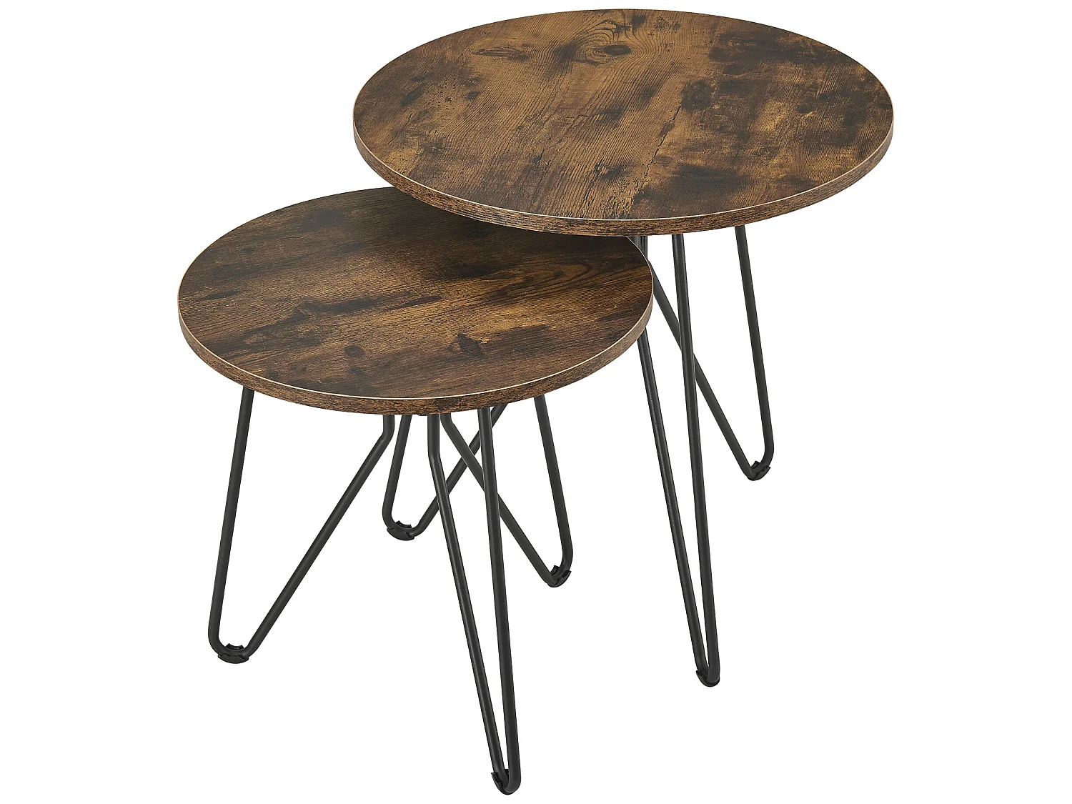 Lot de 2 tables basses rondes Väsby pieds épingle à cheveux effet bois foncé [en.casa]