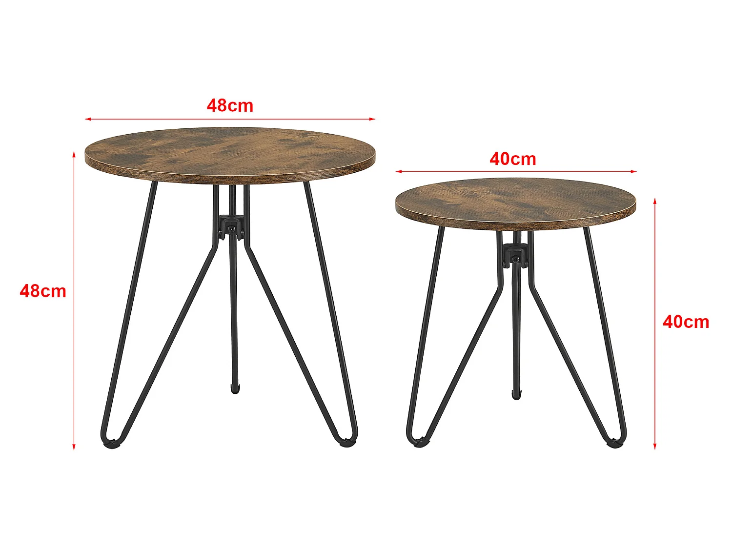 Lot de 2 tables basses rondes Väsby pieds épingle à cheveux effet bois foncé [en.casa]
