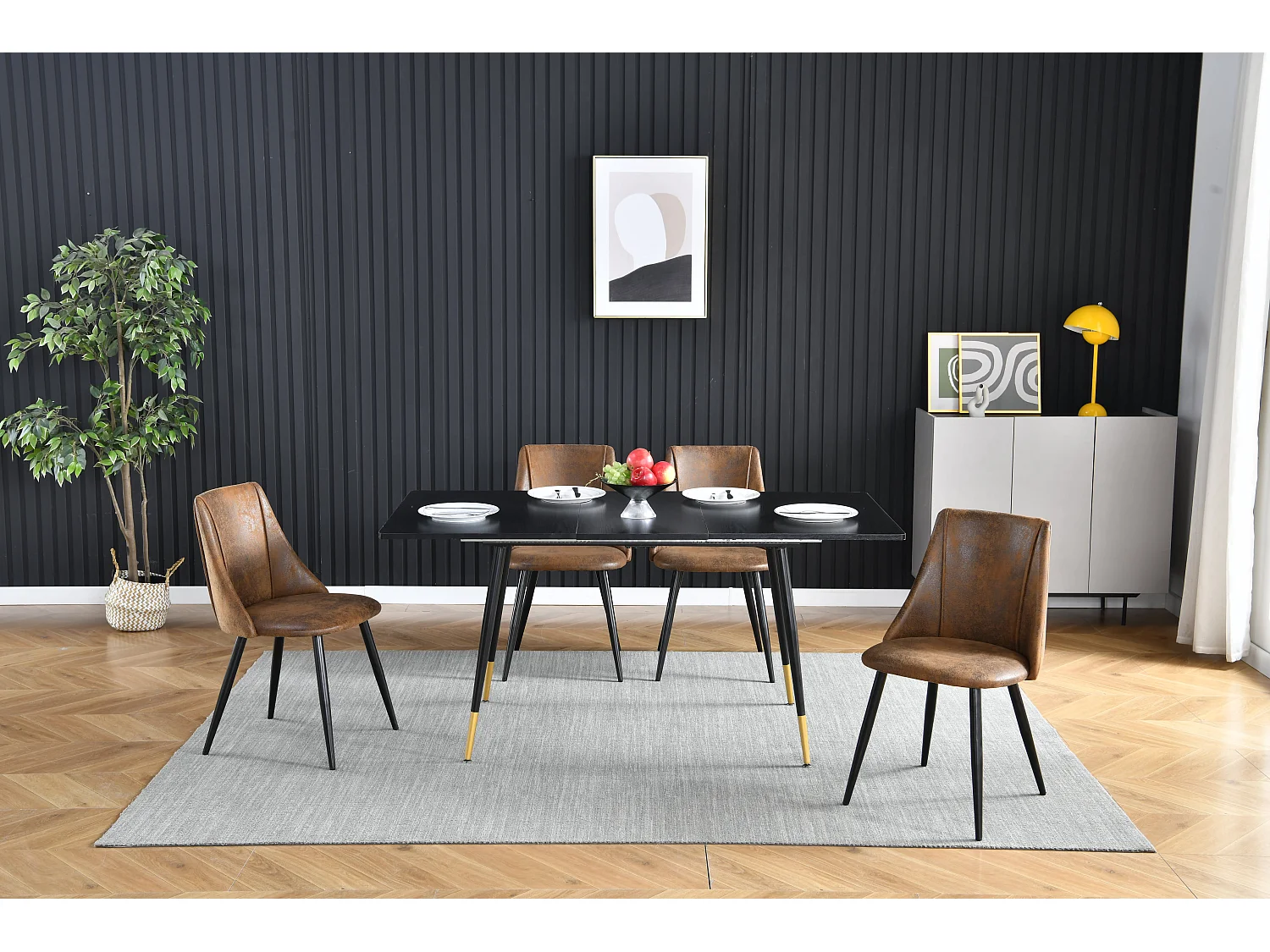 Lot De 2 Chaise De Salle À Manger Style Rétro Rembourrées En Suède Marron Pieds En Métal Noir