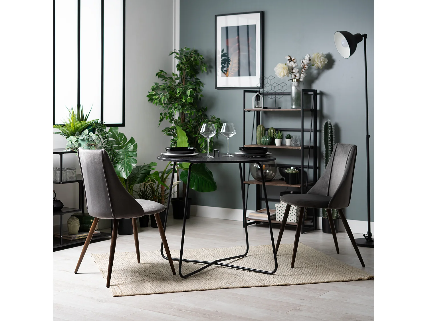 Lot De 2 Chaise De Salle À Manger Velours Gris Pieds En Métal Imitation Noyer Style Scandinave