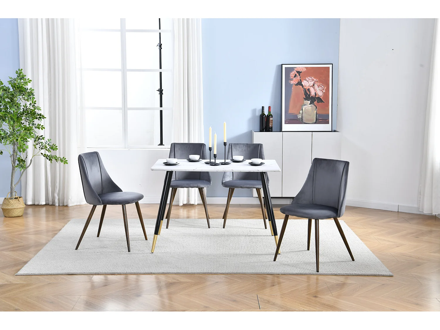 Lot De 2 Chaise De Salle À Manger Velours Gris Pieds En Métal Imitation Noyer Style Scandinave