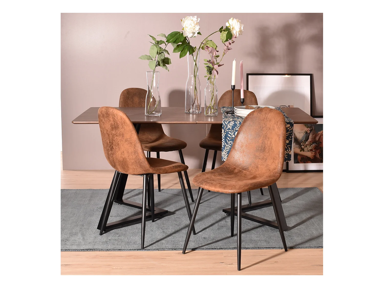 MEUBLES COSY Lot de 4 chaises de salle à manger Style Industriel Rétro pour Salon Cuisine en suédine Marron Pieds en Métal Noir