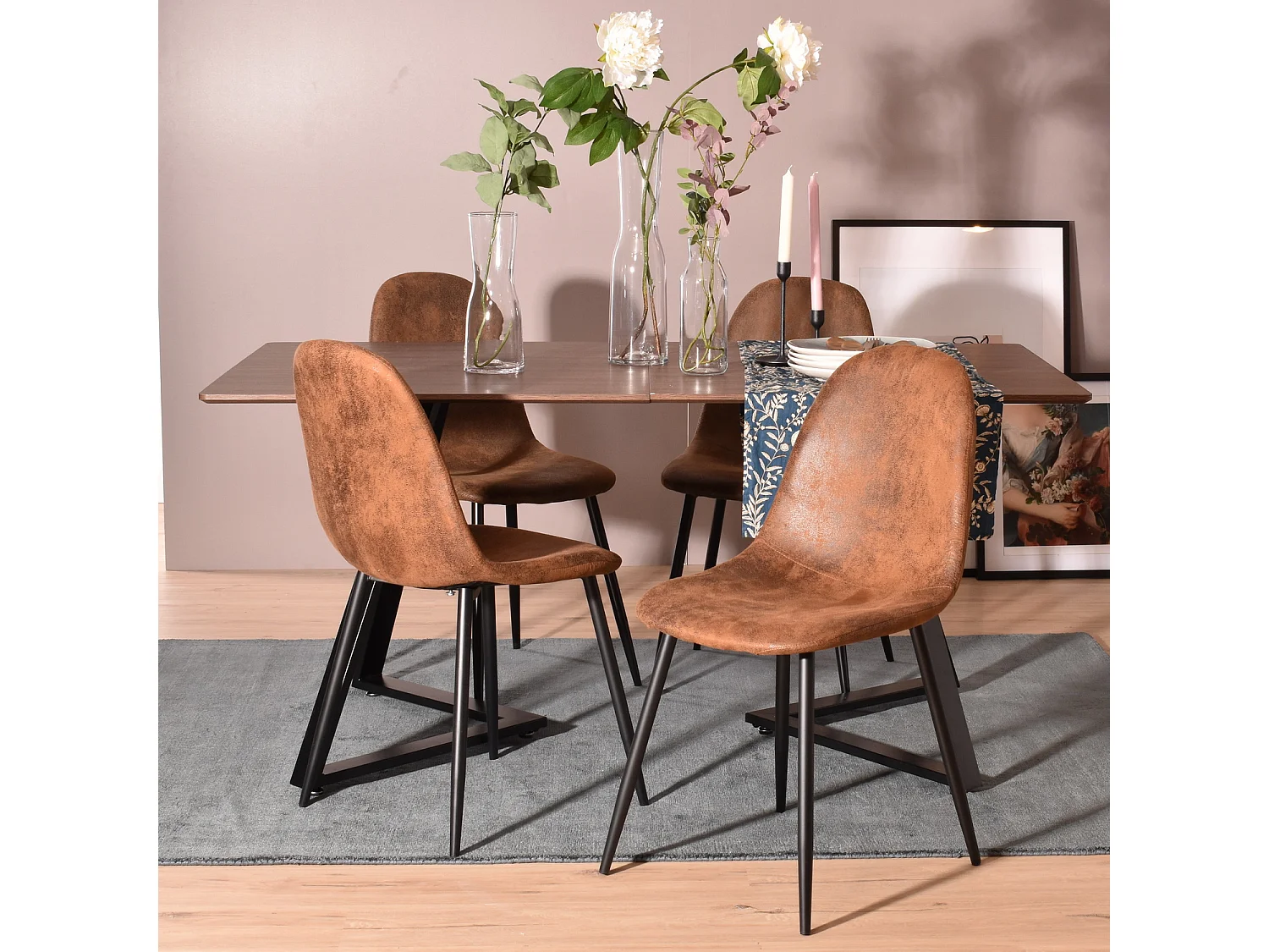 MEUBLES COSY Lot de 4 chaises de salle à manger Style Industriel Rétro pour Salon Cuisine en suédine Marron Pieds en Métal Noir