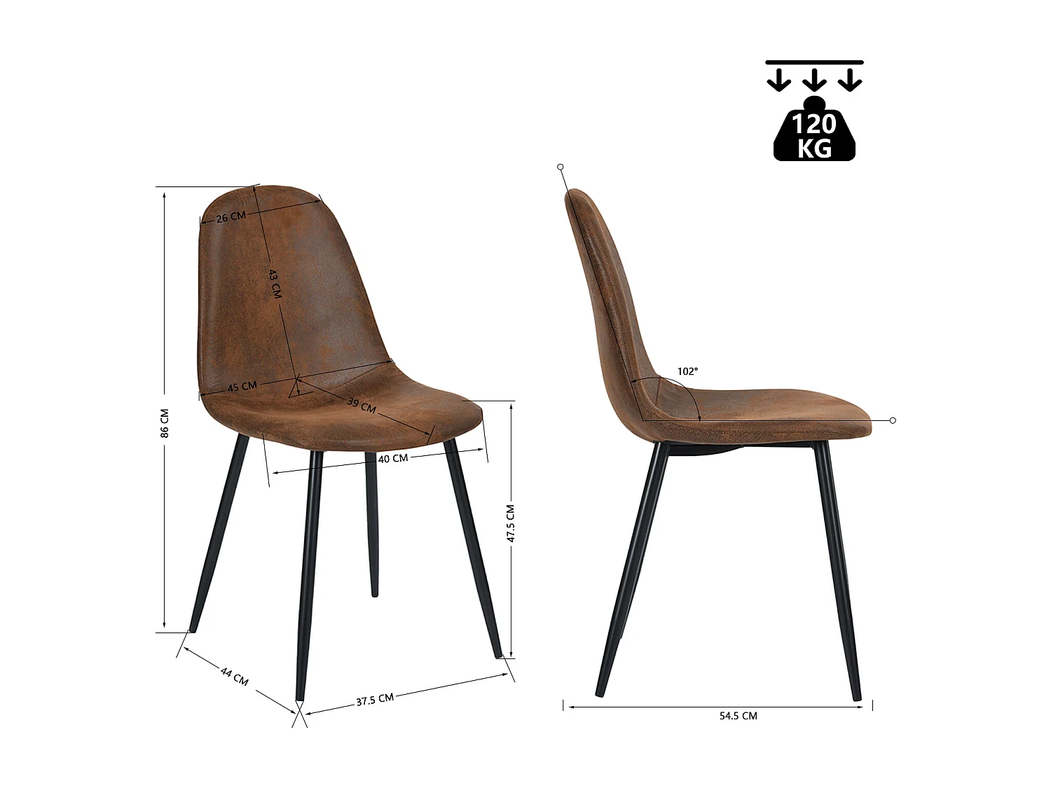 MEUBLES COSY Lot de 4 chaises de salle à manger Style Industriel Rétro pour Salon Cuisine en suédine Marron Pieds en Métal Noir