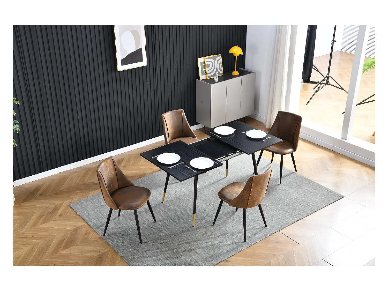 Table de Salle à Manger Extensible 4 a 6 Personnes pour Salon Cuisine, Cadre Métallique Robuste, Style Industriel Rétro, Noir et Or, 120-160x80x75cm, MDF
