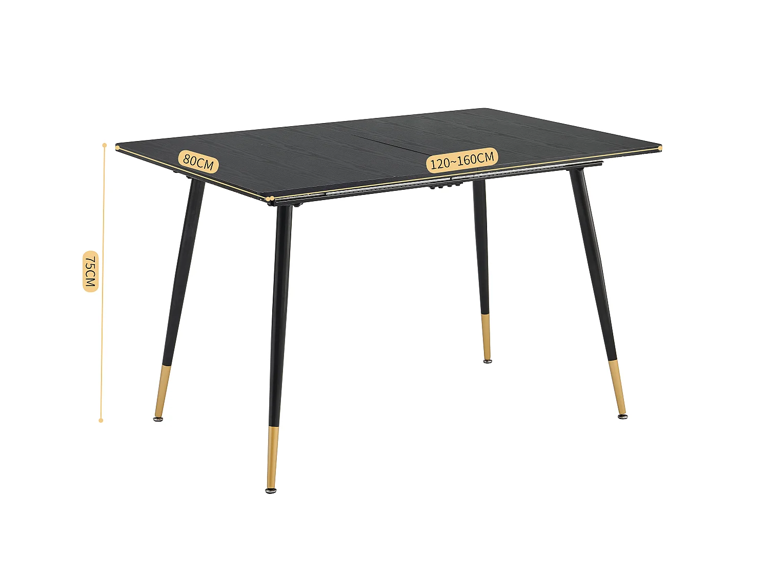 Table de Salle à Manger Extensible 4 a 6 Personnes pour Salon Cuisine, Cadre Métallique Robuste, Style Industriel Rétro, Noir et Or, 120-160x80x75cm, MDF