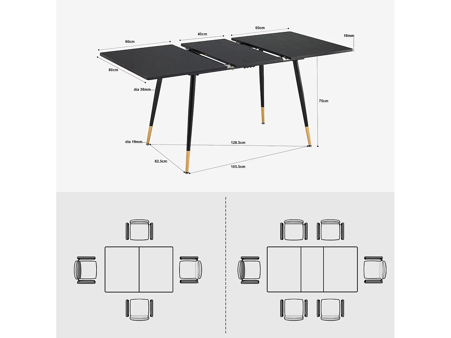 Table de Salle à Manger Extensible 4 a 6 Personnes Style Industriel Rétro, WHALEN