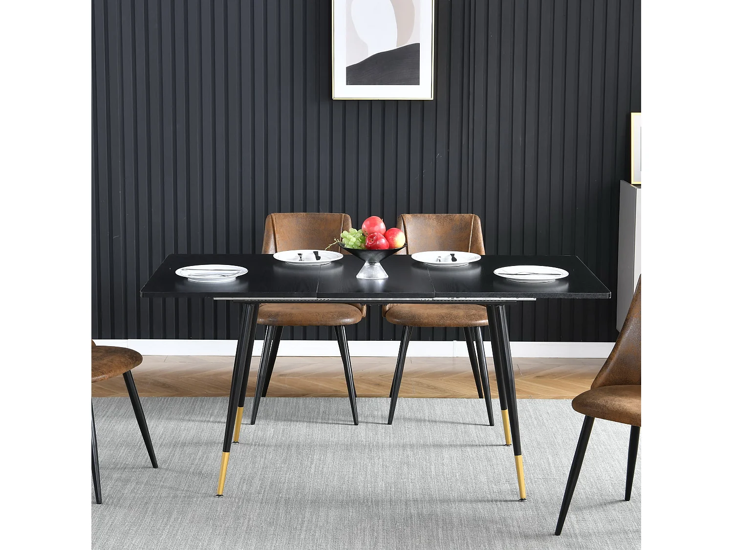 Table de Salle à Manger Extensible 4 a 6 Personnes pour Salon Cuisine, Cadre Métallique Robuste, Style Industriel Rétro, Noir et Or, 120-160x80x75cm, MDF